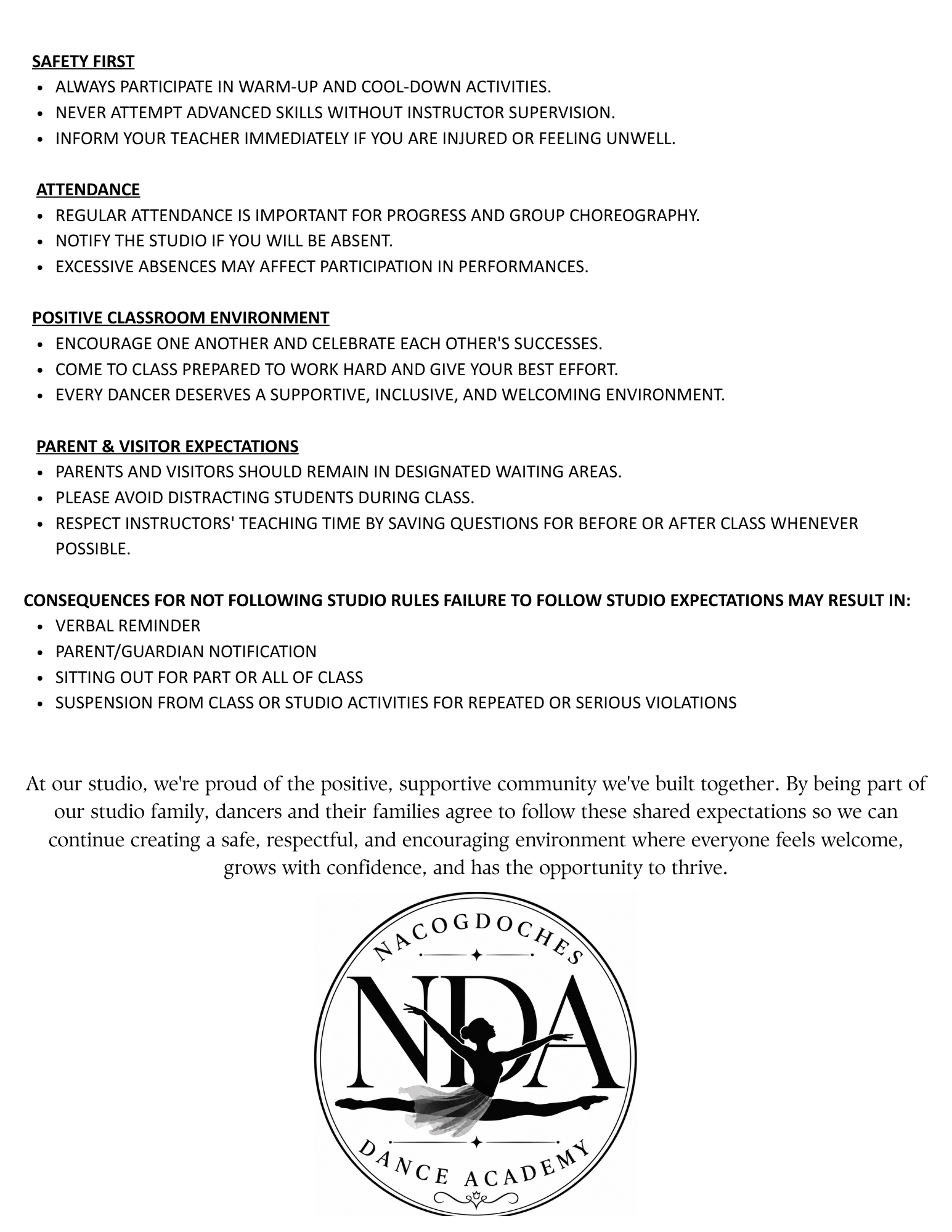Document displaying dance studio policies, including safety, attendance, environment, and parent expectations, with a circular logo at the bottom featuring a dancer silhouette and the text 'NacoGdoches NDA Dance Academy'.