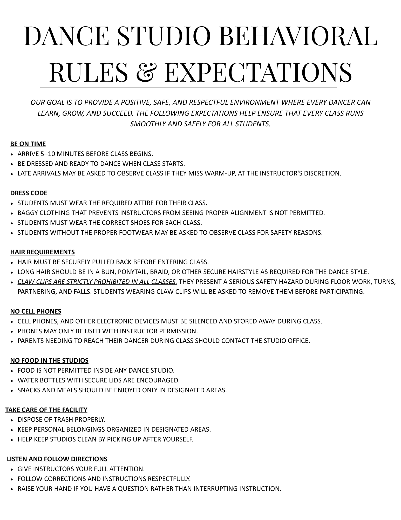 Dance studio behavioral rules and expectations poster with guidelines on punctuality, dress code, hair requirements, cell phone use, food/drink, facility care, listening, and safety.
