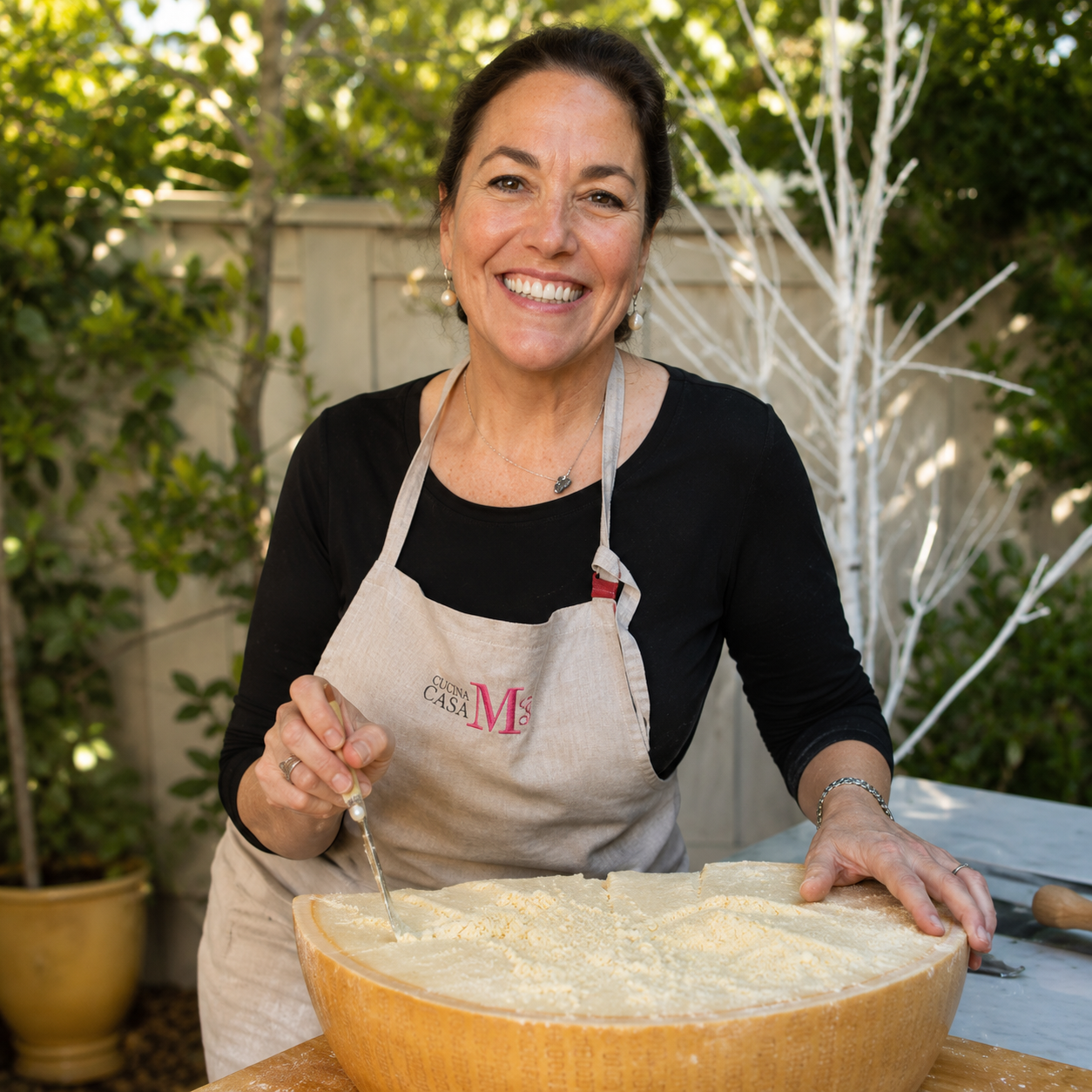 Smiling woman in black shirt and apron preparing cheese outdoors.