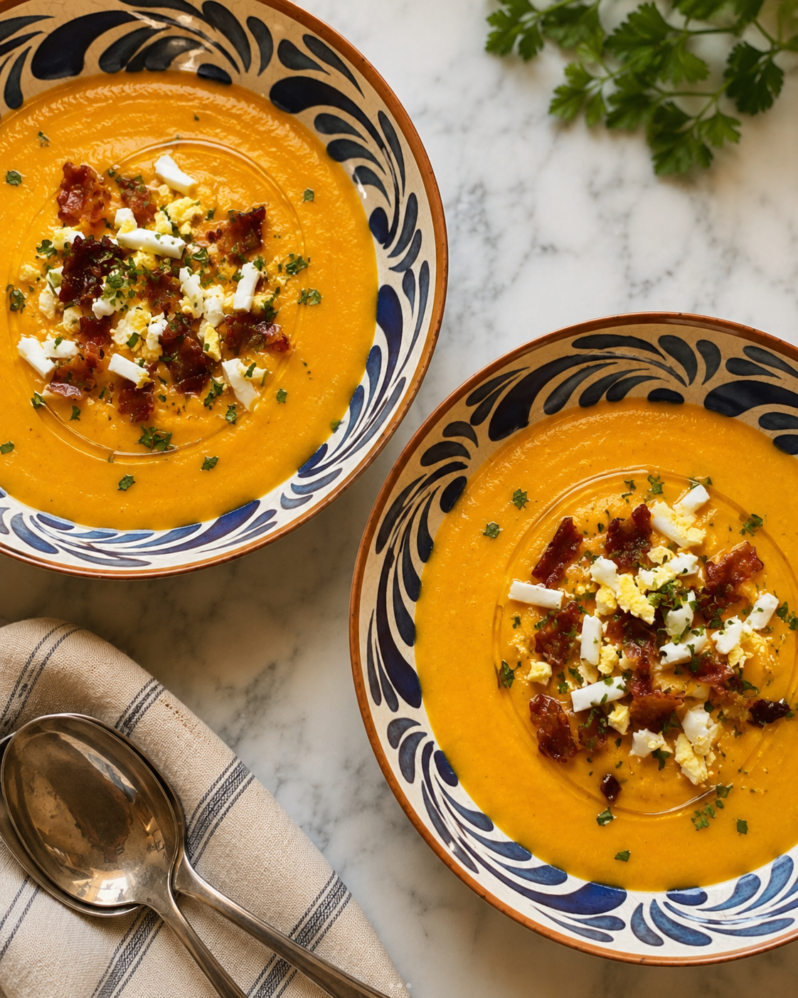 Two bowls of creamy butternut squash soup topped with chopped bacon, hard-boiled egg, and chopped herbs on a marble surface with a spoon and a striped napkin nearby.