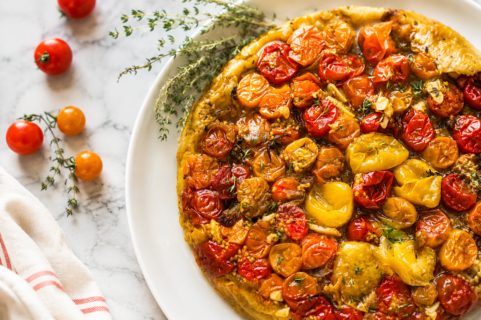 A close-up of a cherry tomato tart topped with roasted cherry tomatoes and herbs, on a white plate.