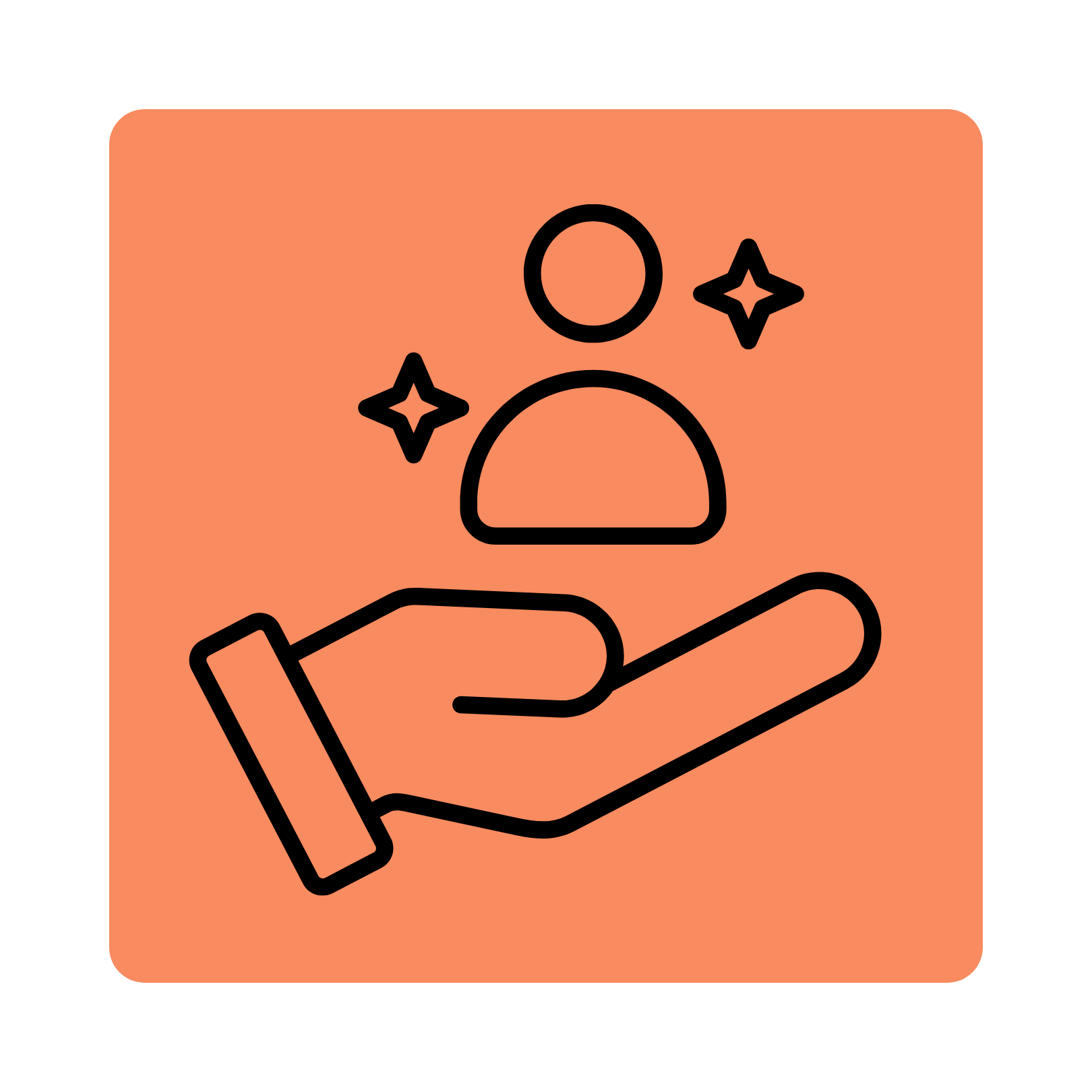 Black icon of person in a hand outlined in orange square