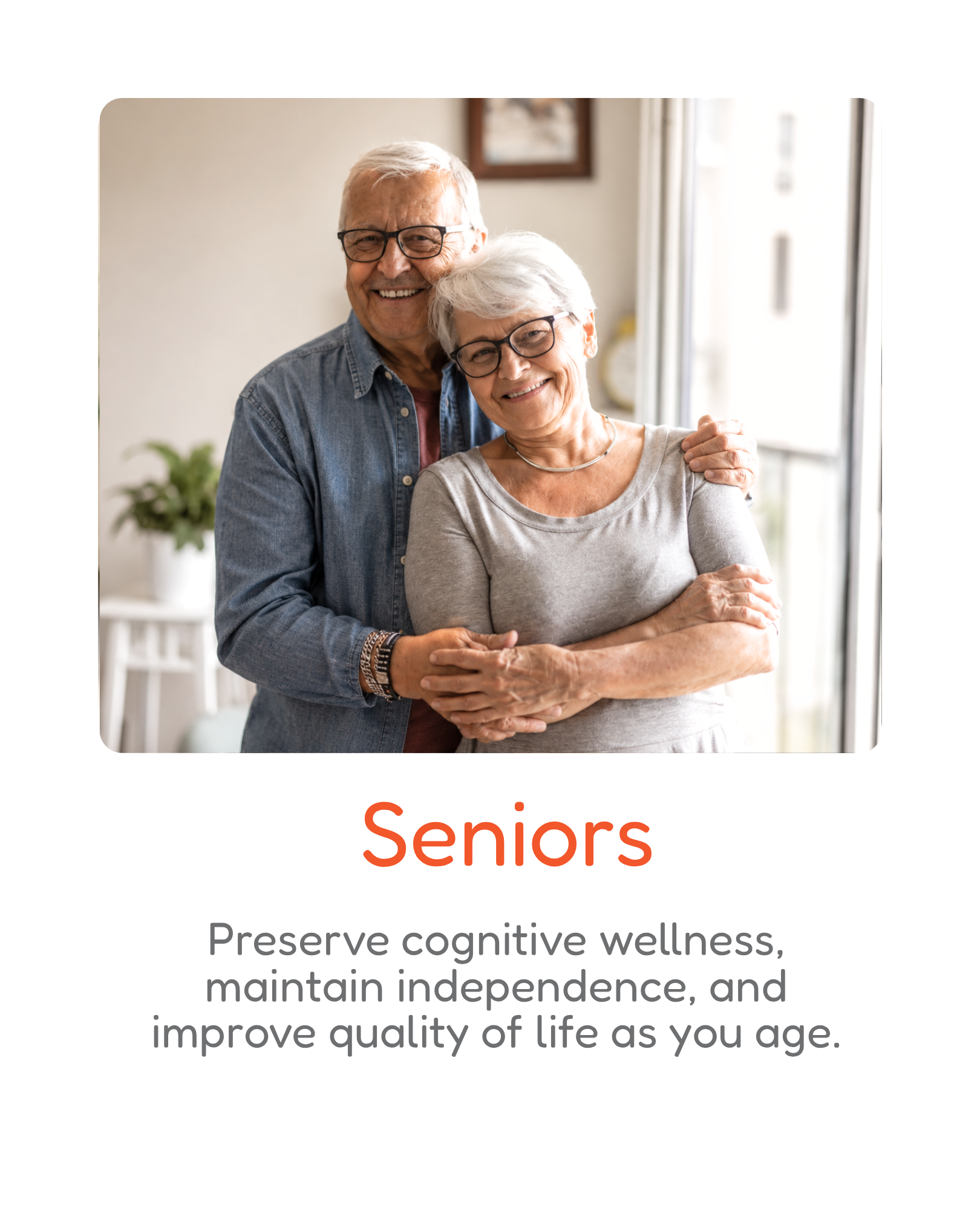 An elderly couple smiling and hugging in a bright room with large windows, with the word 'Seniors' in orange text at the bottom.