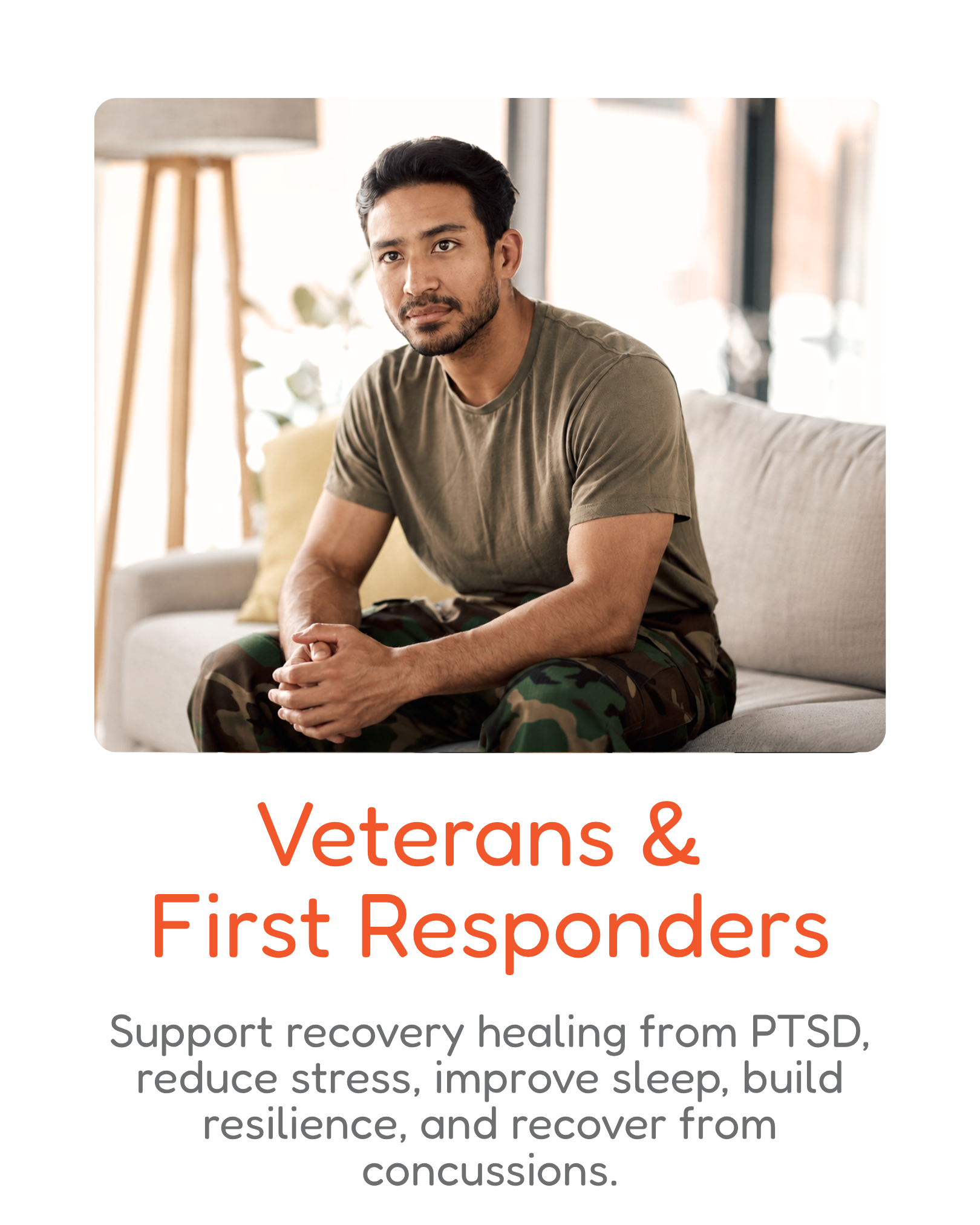 A man with dark hair and a beard, wearing a green t-shirt and camouflage pants, sits on a beige couch in a bright room with large windows and a wooden lamp in the background. The image is part of a presentation about veterans and first responders, focusing on supporting recovery from PTSD.