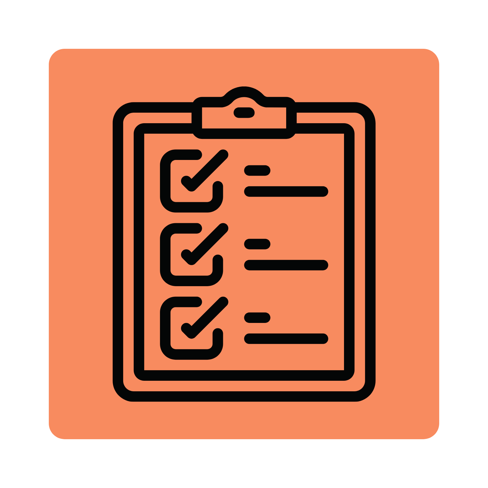 Black icon of checklist outlined in orange square