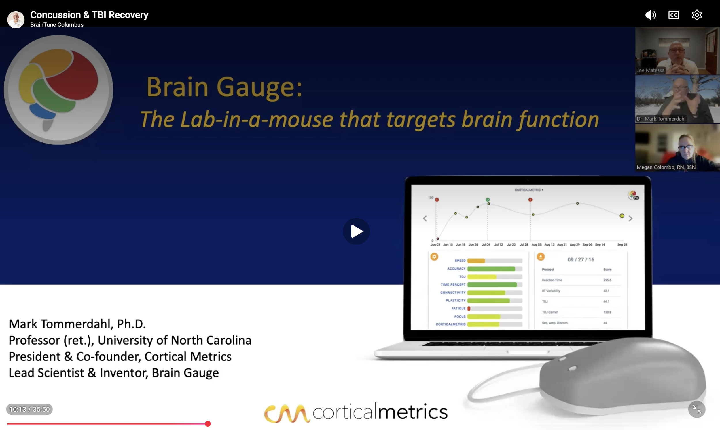 Presentation slide titled 'Brain Gauge: The Lab-in-a-mouse that targets brain function' with a logo of a colorful brain graphic on the left and an image of a brain metric dashboard on a computer monitor on the right. There are three speakers' video thumbnails on the right side of the slide, labeled Joe Matessa, Dr. Mark Tommerdahl, and Megan Colombo, RN, BSN. The presentation is by BrainTune Columbus. The slide includes the presenter's credentials and affiliations at the bottom.