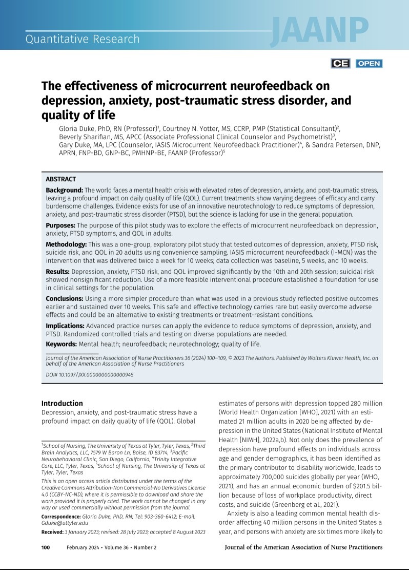 Research article titled 'The effectiveness of microcurrent neurofeedback on depression, anxiety, post-traumatic stress disorder, and quality of life' in the Journal of the American Association of Nurse Practitioners.