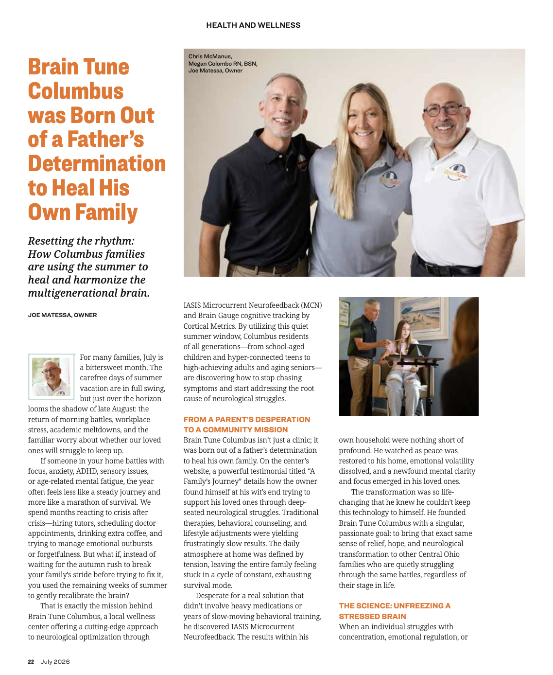 Page from a magazine featuring an article about Brain Tune Columbus, with a large headline and two photos. The main photo shows three smiling people wearing business casual clothing, standing together, with a man and a woman in the middle and a man on the right. The smaller photo shows a man with glasses in a black shirt talking to a young girl with long hair who is seated in a medical or therapy setting.