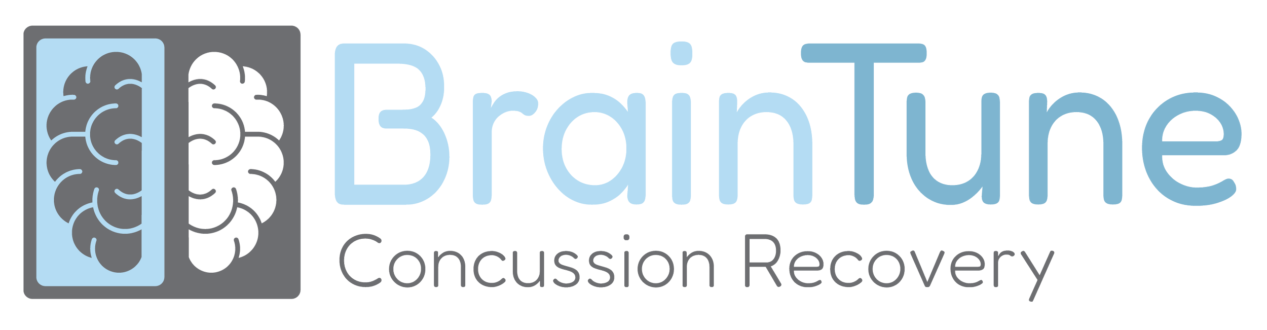Logo for BrainTune Concussion Recovery, featuring a stylized brain icon and the company name in blue and gray text.