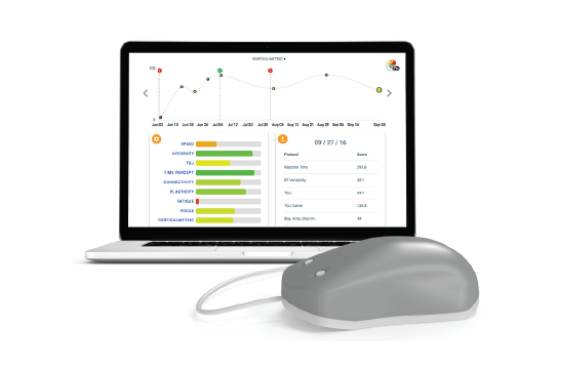 image of a computer showing the Brain Gauge at home unit with a gray computer mouse.