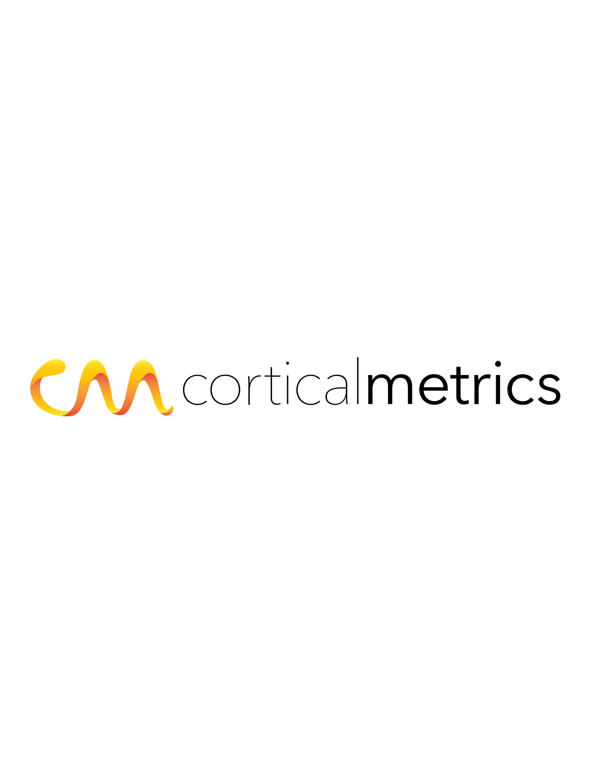 The image contains the logo of Cortical Metrics with stylized orange and yellow waves and the company name in black letters.