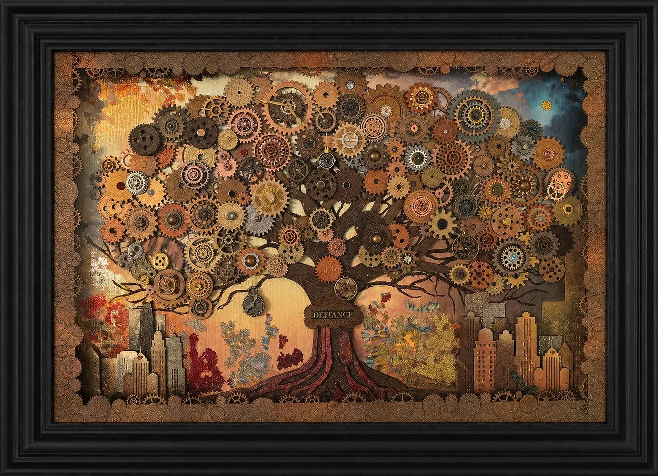 A framed art piece depicting a tree with gears and cogs forming the leaves and branches, set against a colorful background with cityscape and sunset elements, and a sign reading 'Defiance' hanging from the tree's trunk.