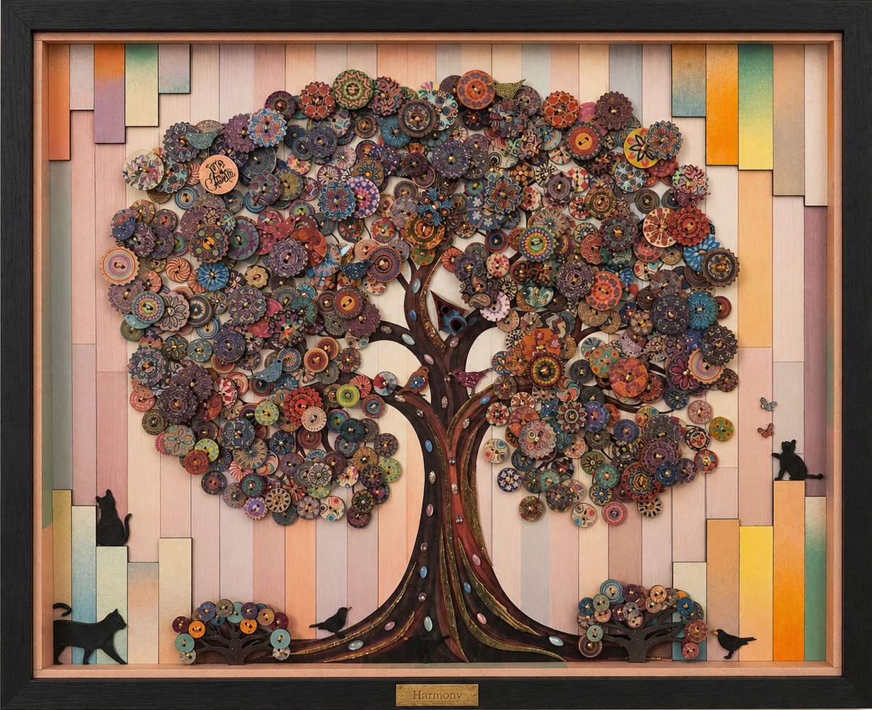 Colorful mixed media artwork of a tree with a textured, multicolored foliage surrounded by a wooden frame, with animals like cats, birds, and a mouse at the base and on the sides, labeled 'Harmony'.