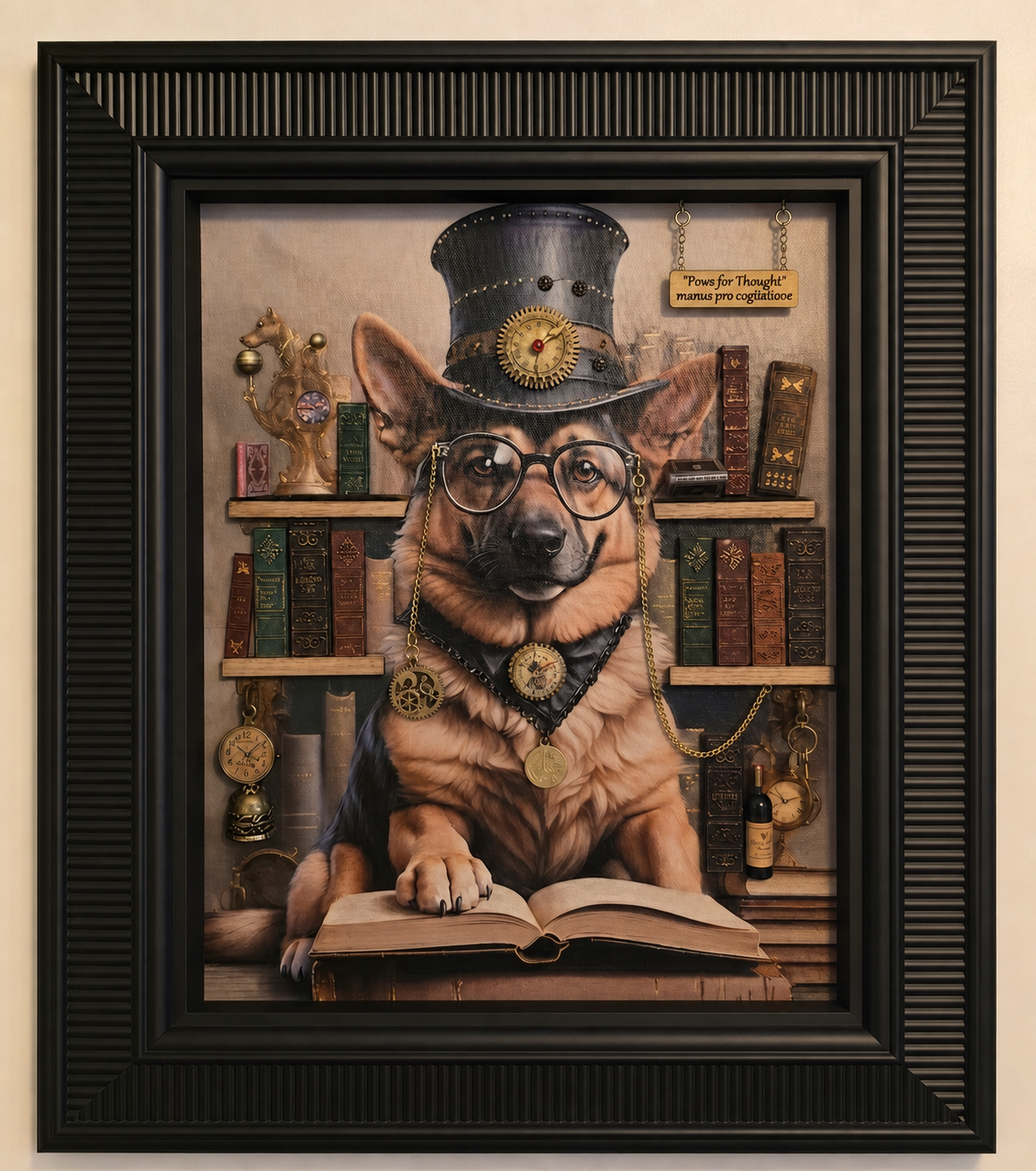 A dog dressed as a steampunk scholar with glasses, a top hat, a medallion, and chains, sitting in front of books and clock decor in a steampunk setting.