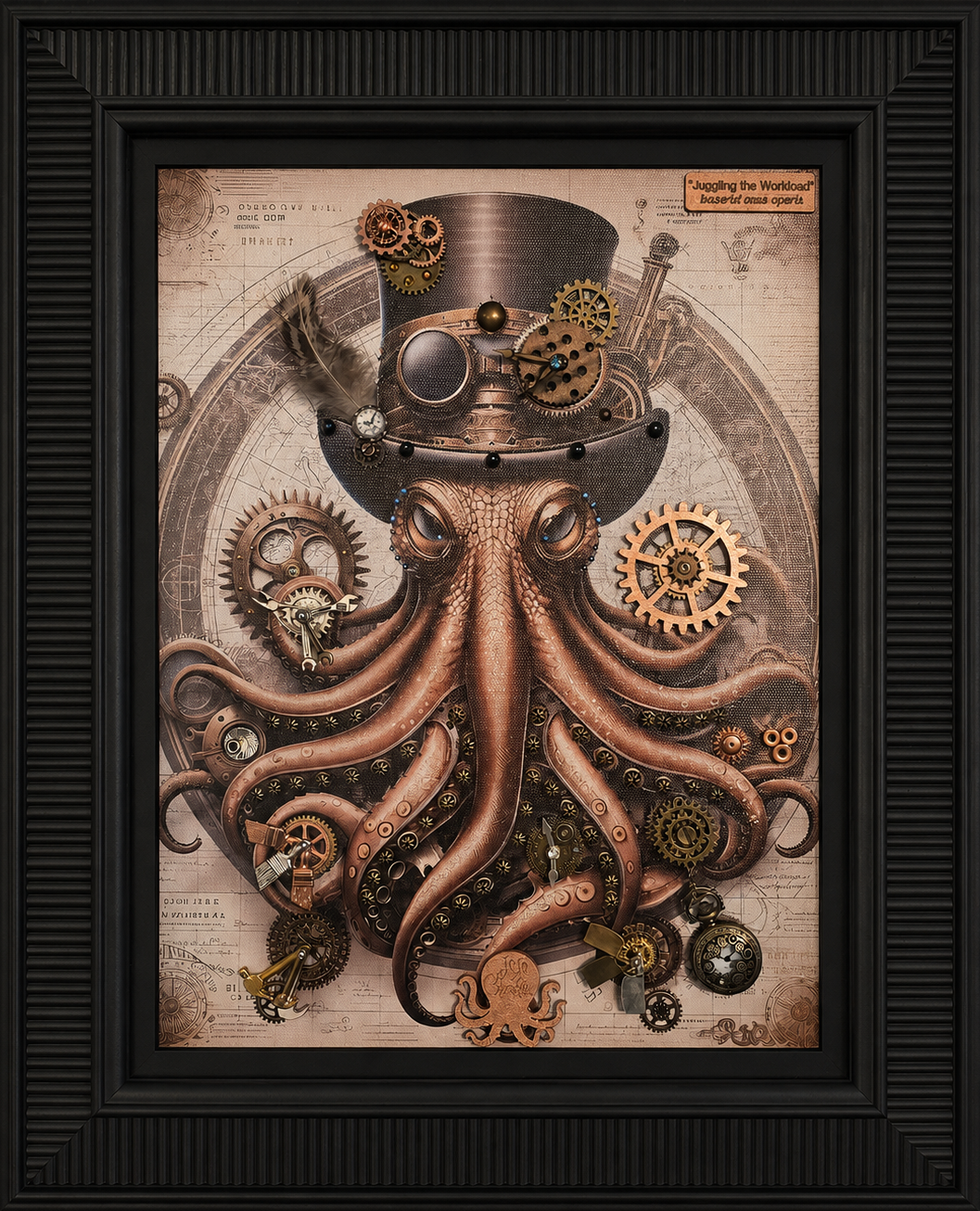 Steampunk artwork of an octopus with gears and machinery, wearing a top hat, with a background of technical drawings and a small orange label reading 'Juggling the Workload'.