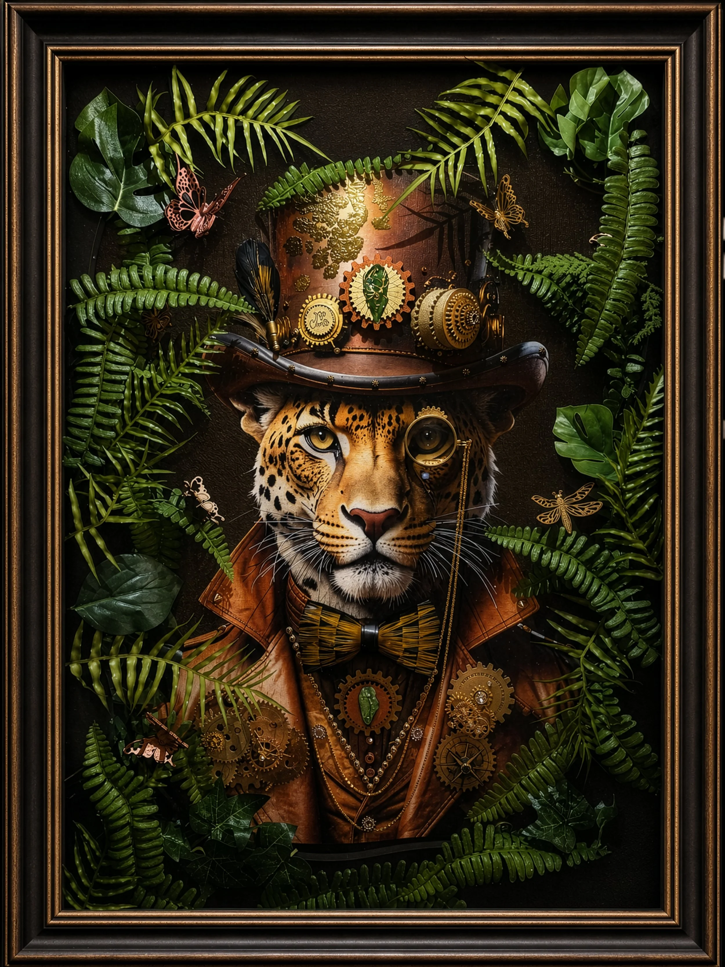 A framed art piece featuring a leopard wearing a steampunk-inspired top hat decorated with gears, leaves, and butterflies, surrounded by lush green ferns and leaves.