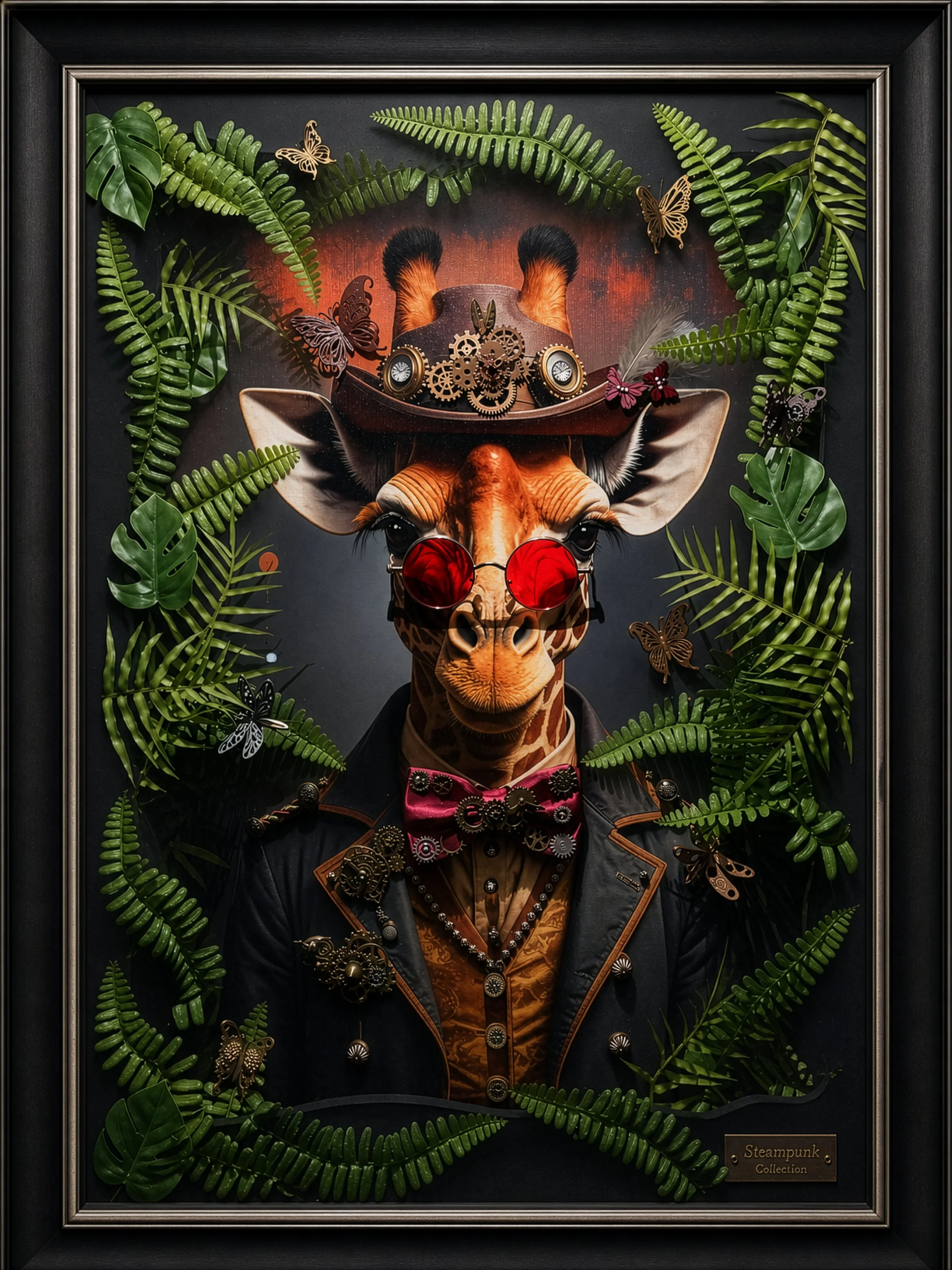 Framed artwork featuring a giraffe wearing red-tinted sunglasses and a leather jacket, surrounded by green ferns and butterflies, with a steampunk theme including gears and clocks.