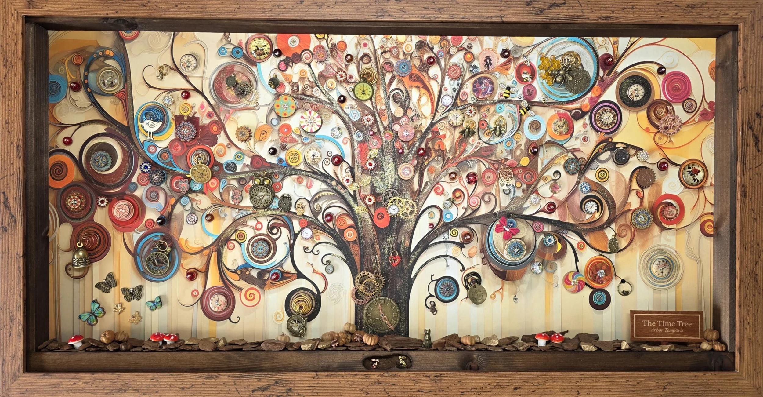Decorative framed art piece titled 'The Time Tree' featuring a tree made of various watch faces, gears, and clock components, with colorful spiral accents, butterflies, and mushrooms at the bottom, inside a wooden frame.