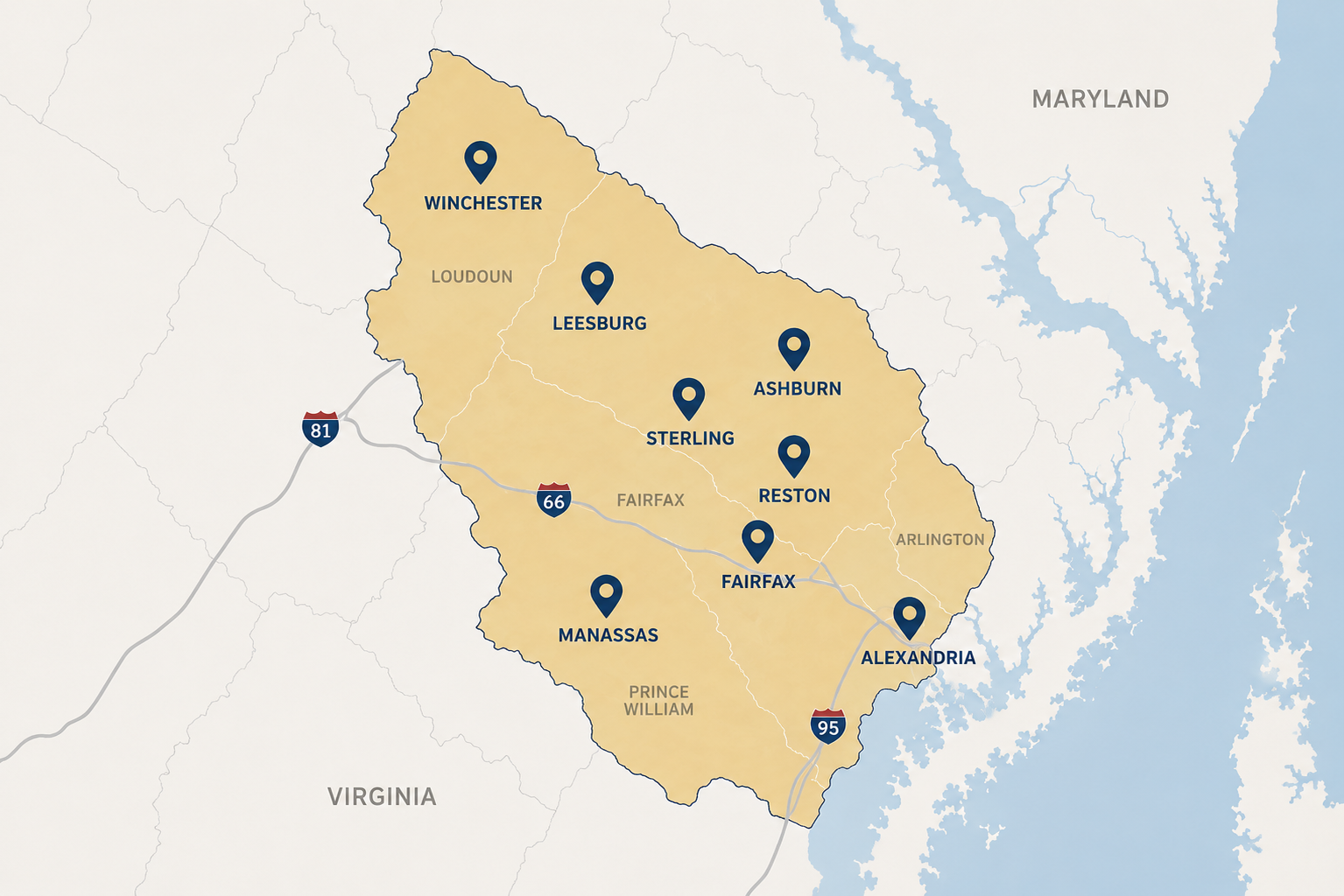 Map of Fairfax County, Virginia, highlighting cities including Winchester, Leesburg, Sterling, Ashburn, Reston, Fairfax, Manassas, and Alexandria, with major highways I-81, I-66, and I-95.