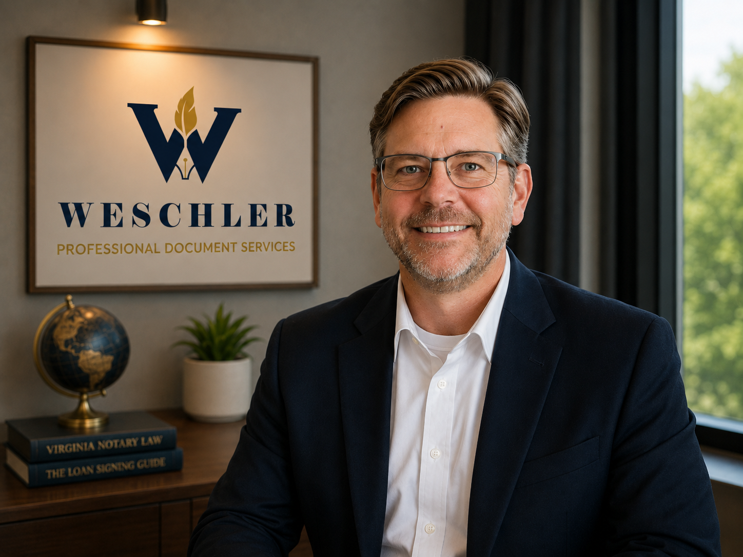 A man wearing glasses and a suit smiling in an office with a logo for Weschler Professional Document Services in the background.