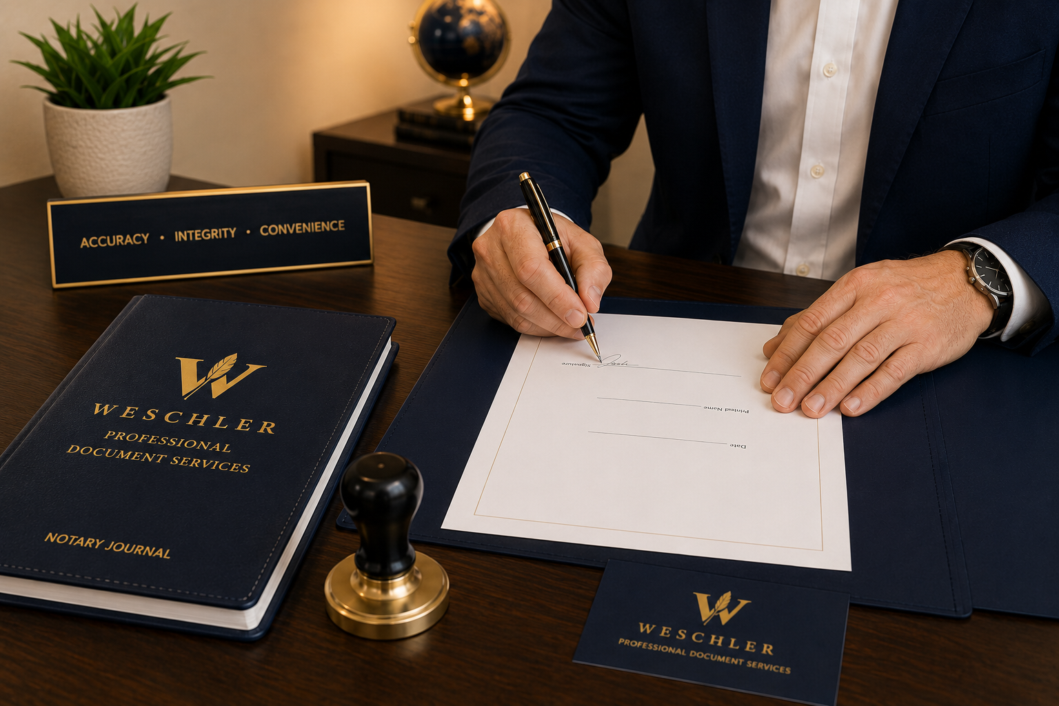 A person in a dark suit is signing a document on a desk with a pen. The desk has a navy blue notebook labeled 'Weschler Professional Document Services,' a business card holder, a stamp, and a small sign with the words 'Accuracy, Integrity, Convenience.' There is a potted plant and a globe in the background.