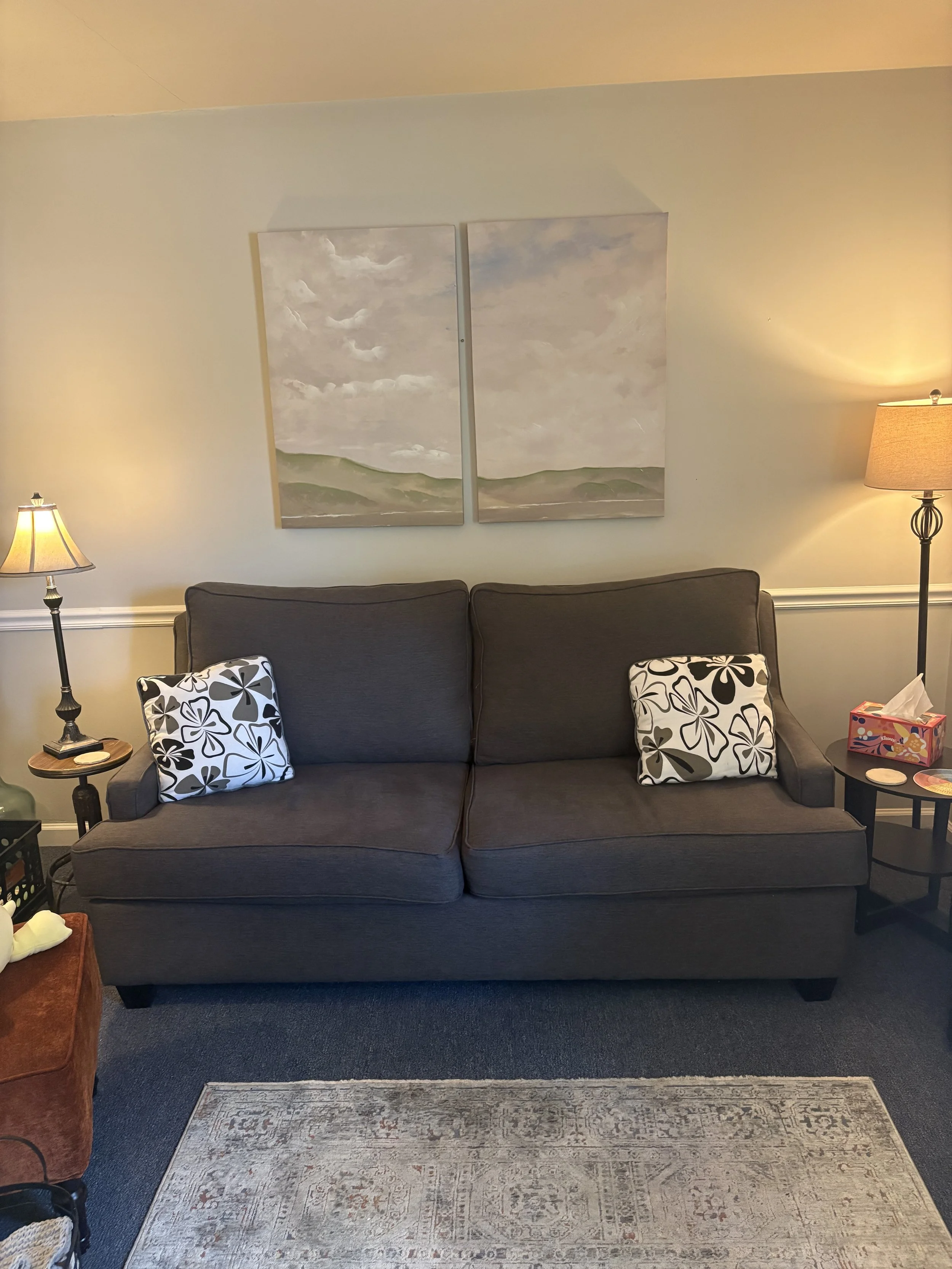 A warm and cozy therapy room with a dark gray sofa, two floral-patterned pillows, side tables with lamps, a beige area rug, wall art of a landscape with clouds and mountains, and a tissue box on a small table.