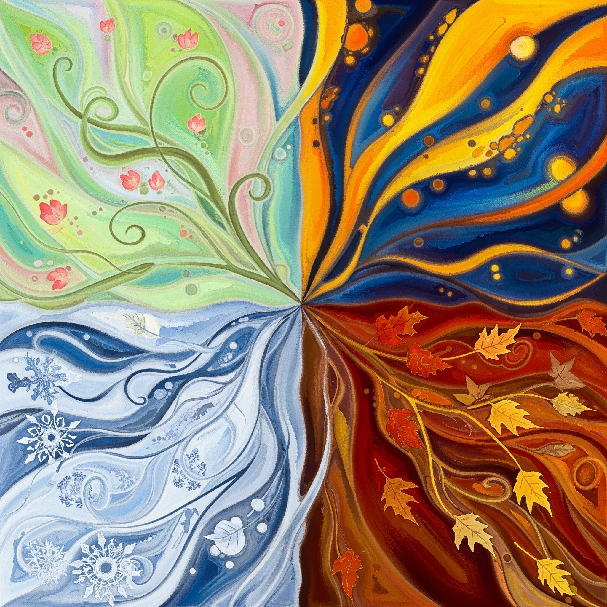 A colorful abstract painting divided diagonally, with one side featuring green and pink hues and delicate floral patterns, and the other side displaying dark blue, orange, and yellow tones with swirling patterns and autumn leaves.