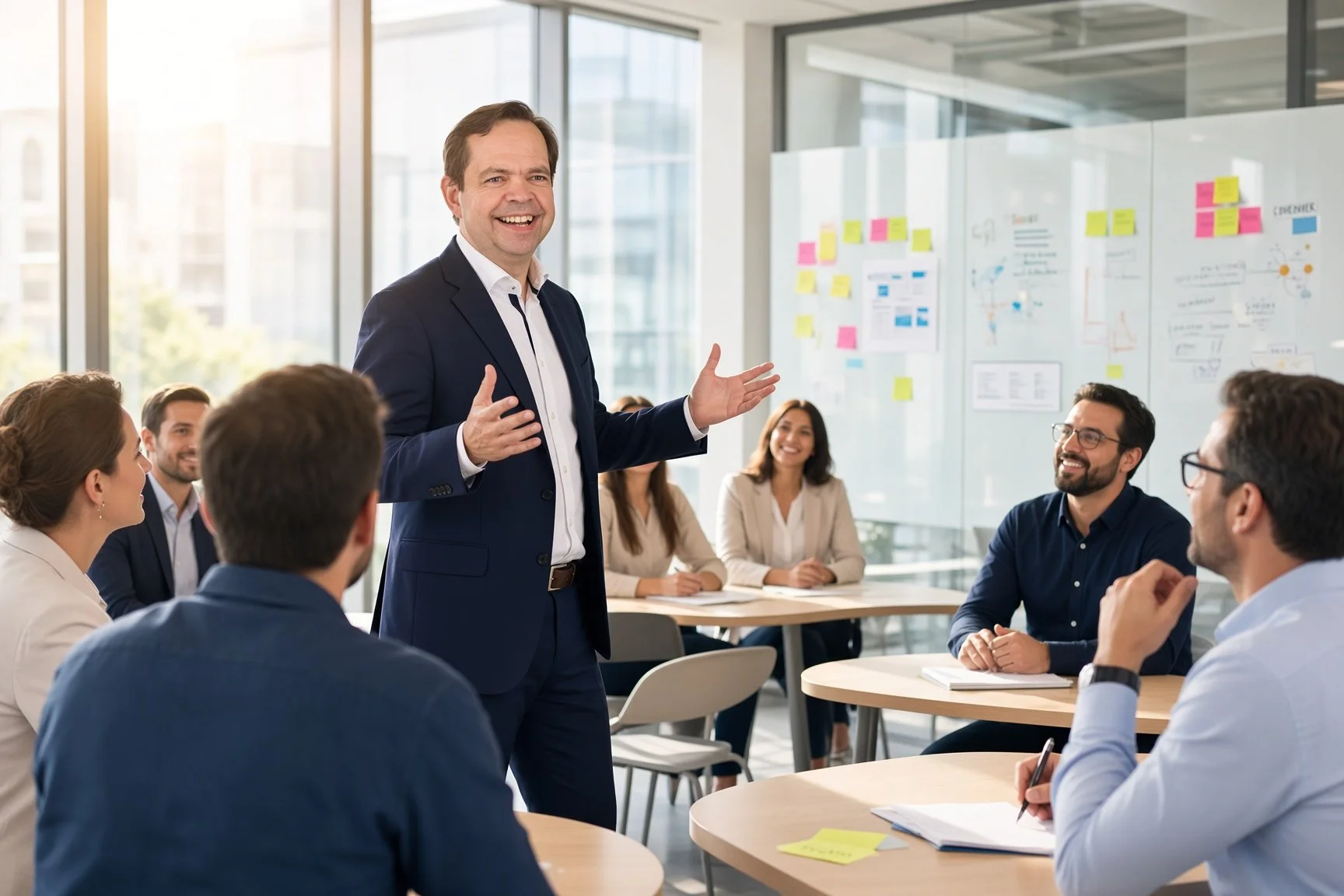 Gerry Lawrence an AI and innovation workshop with a client in a modern office conference room. The group listens and smiles, with some taking notes. They are fully engaged and interested in the workshop.