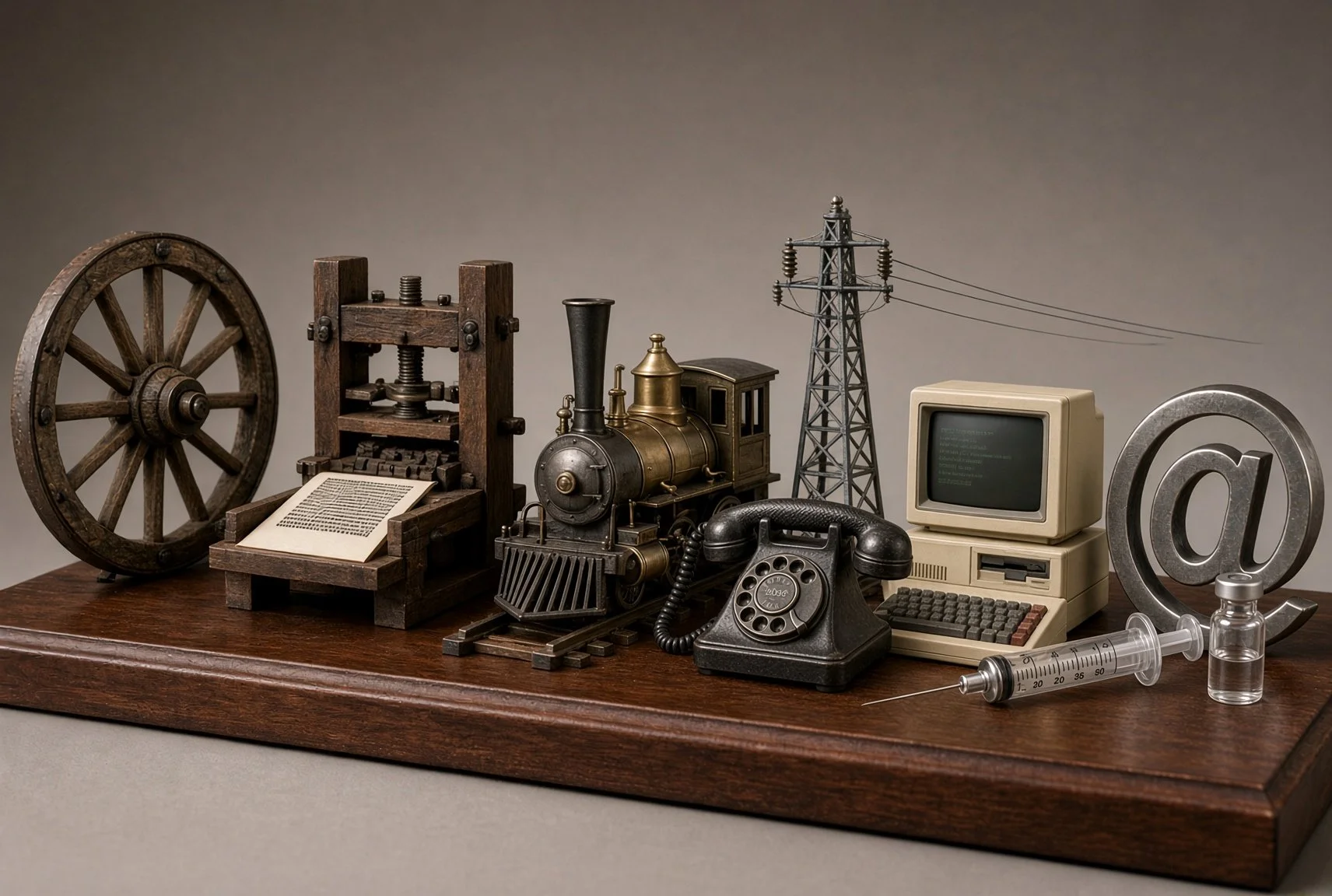 A wooden surface displaying vintage items including a wooden wheel, a letterpress press, an old steam locomotive model, a radio communication device, an old computer, a large at symbol, a syringe, and a small vial. Greatest Innovations from History.