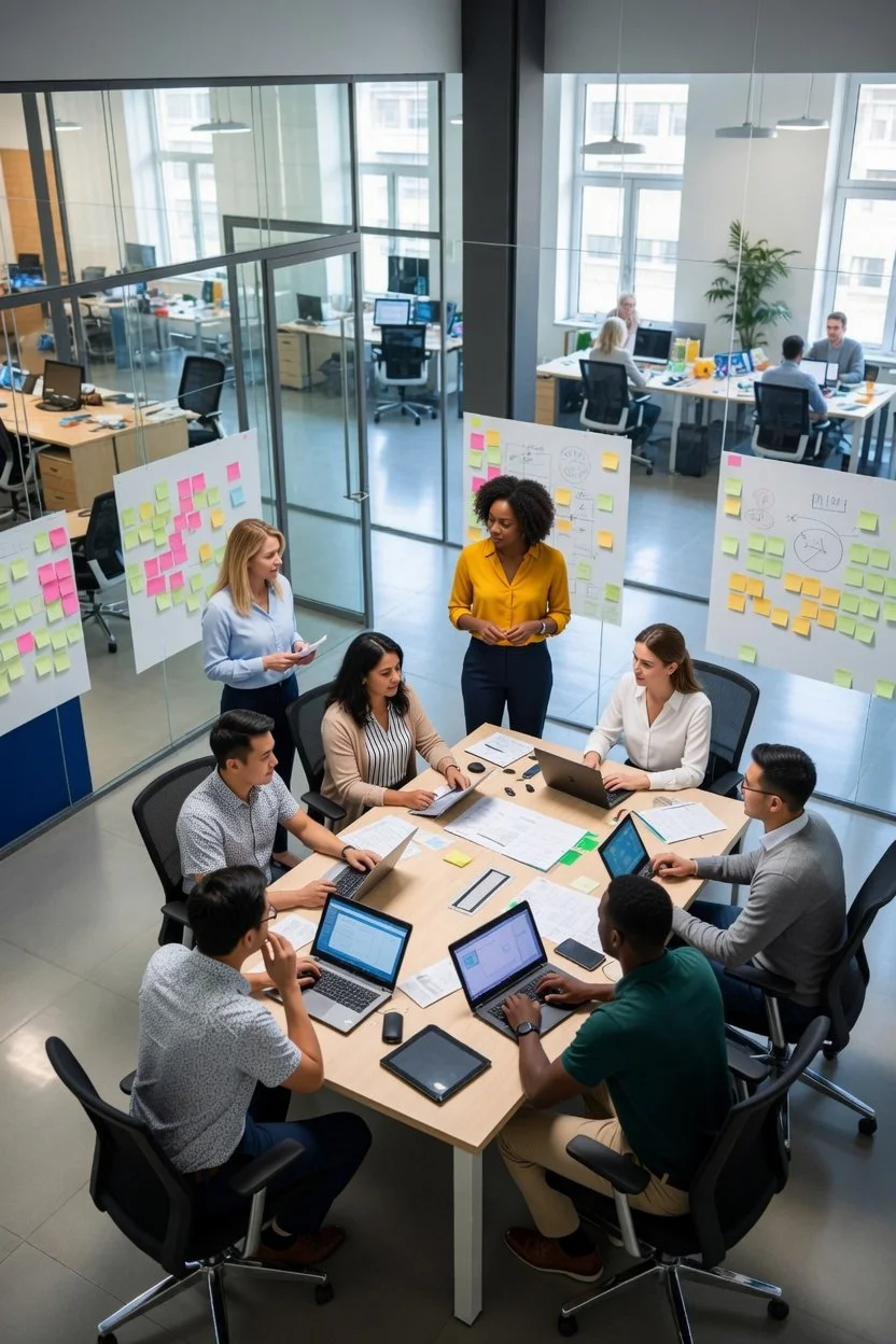 A diverse group of eight people in a modern office conference room engaged in a meeting, with laptops, papers, and sticky notes on the table and walls.