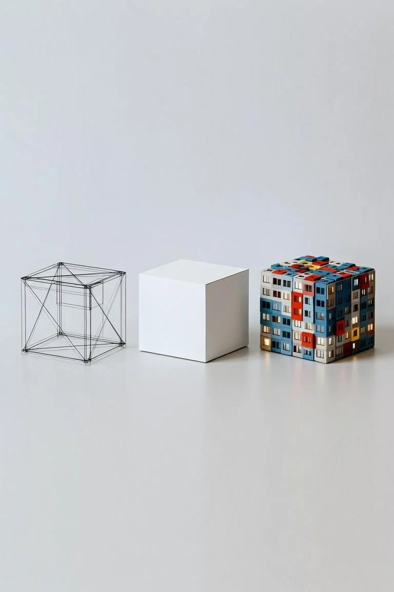 Wireframe cube, plain white cube, and colorful patterned cube on a white surface. Bringing an abstract idea to reality.