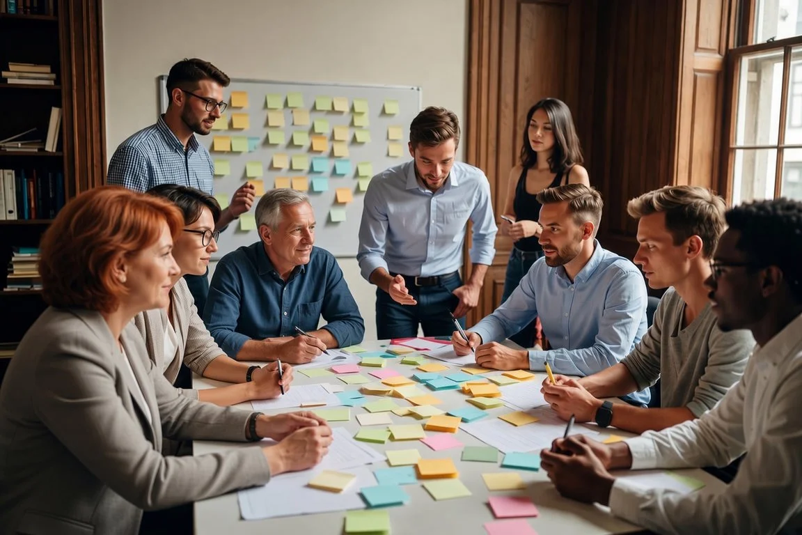 Group of professionals in a meeting room discussing ideas, with numerous sticky notes on the table and a whiteboard in the background.