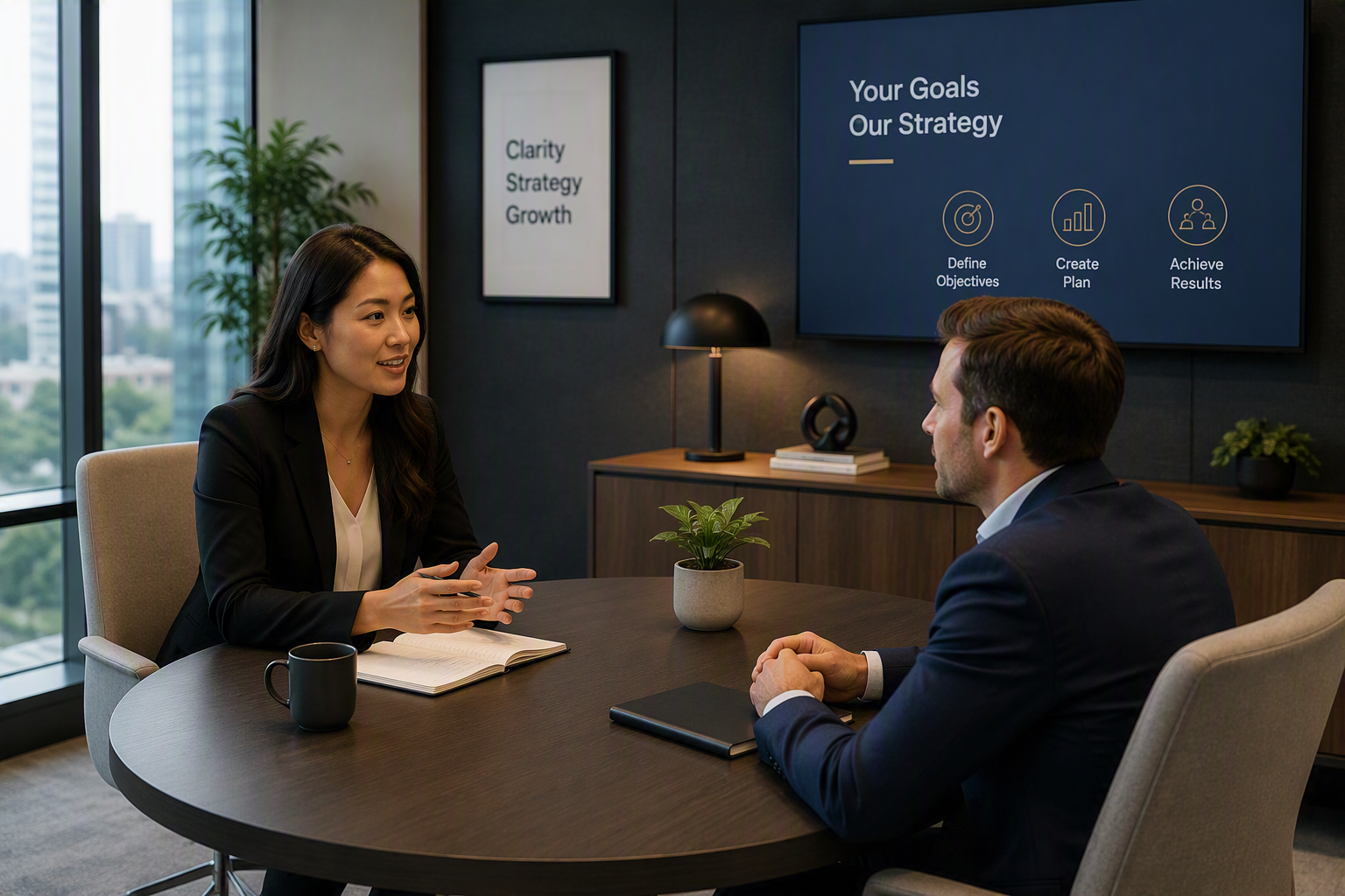 A woman and a man having a business meeting in a modern office. The woman is speaking, and both are seated at a round table with notebooks and a mug. There is a large screen on the wall displaying business strategy points, and a window showing a cityscape in the background.