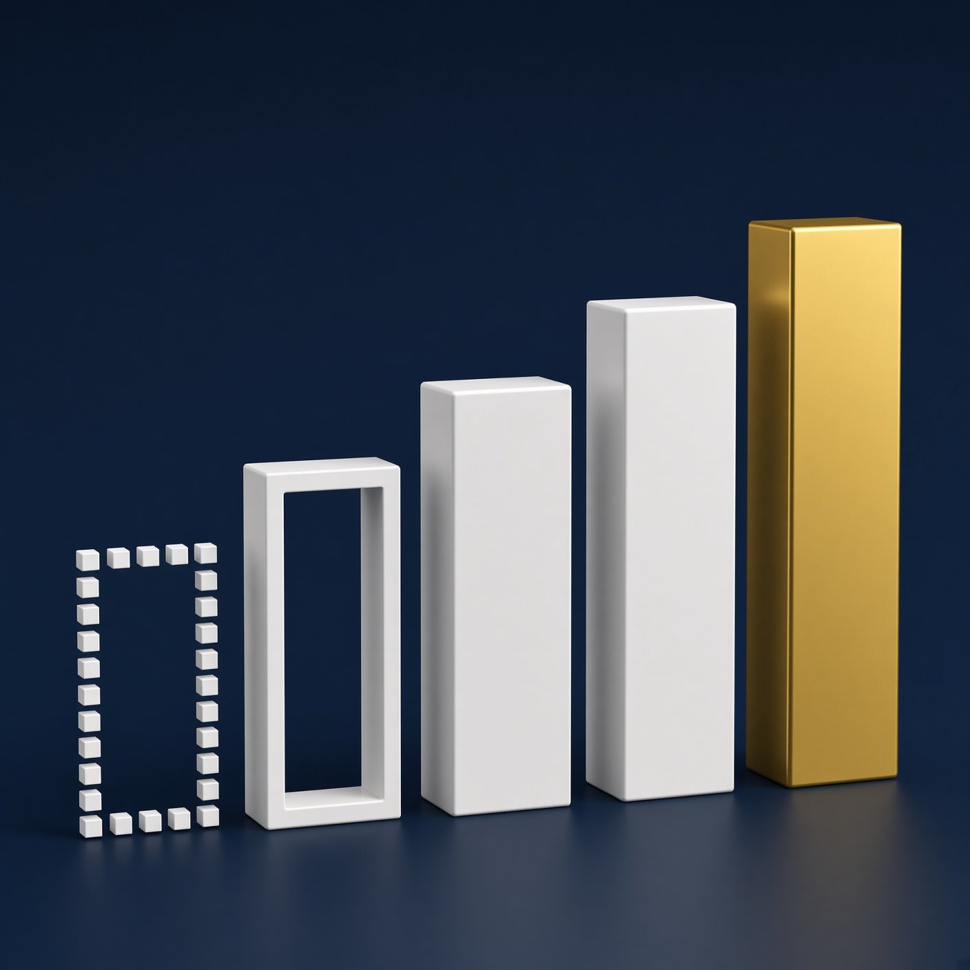 Four different styles of bars, from a dashed square to a solid gold bar, arranged from shortest to tallest, on a dark blue background. As an idea is brought into reality it turns to gold.