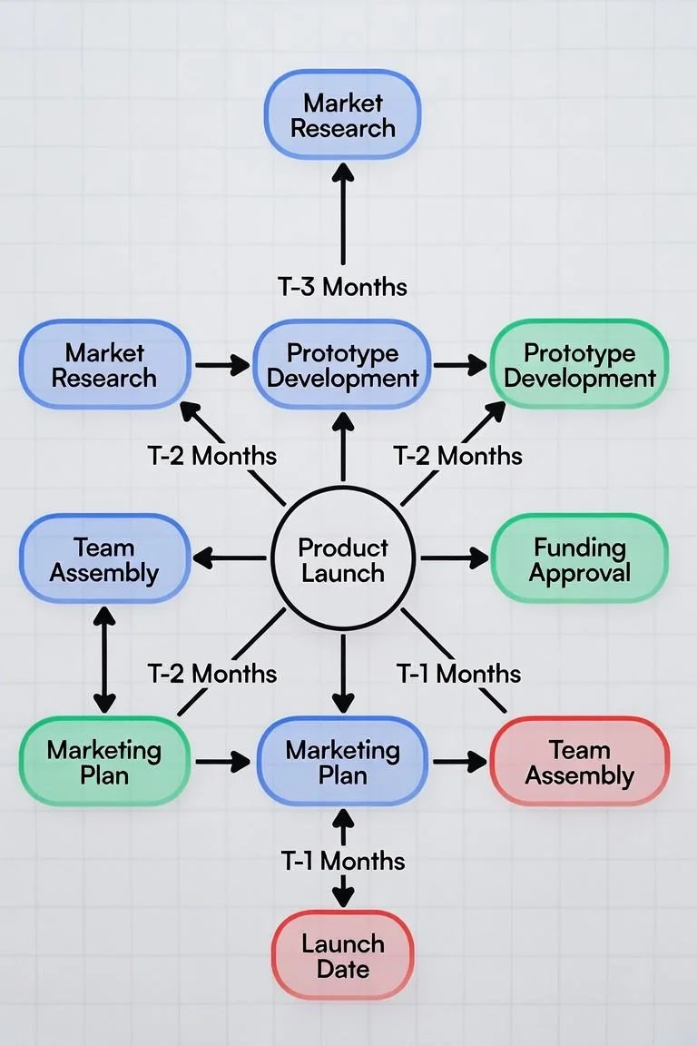A flowchart showing the process of product launch with steps including market research, prototype development, funding approval, marketing plan, team assembly, and launch date, with timelines for each phase.