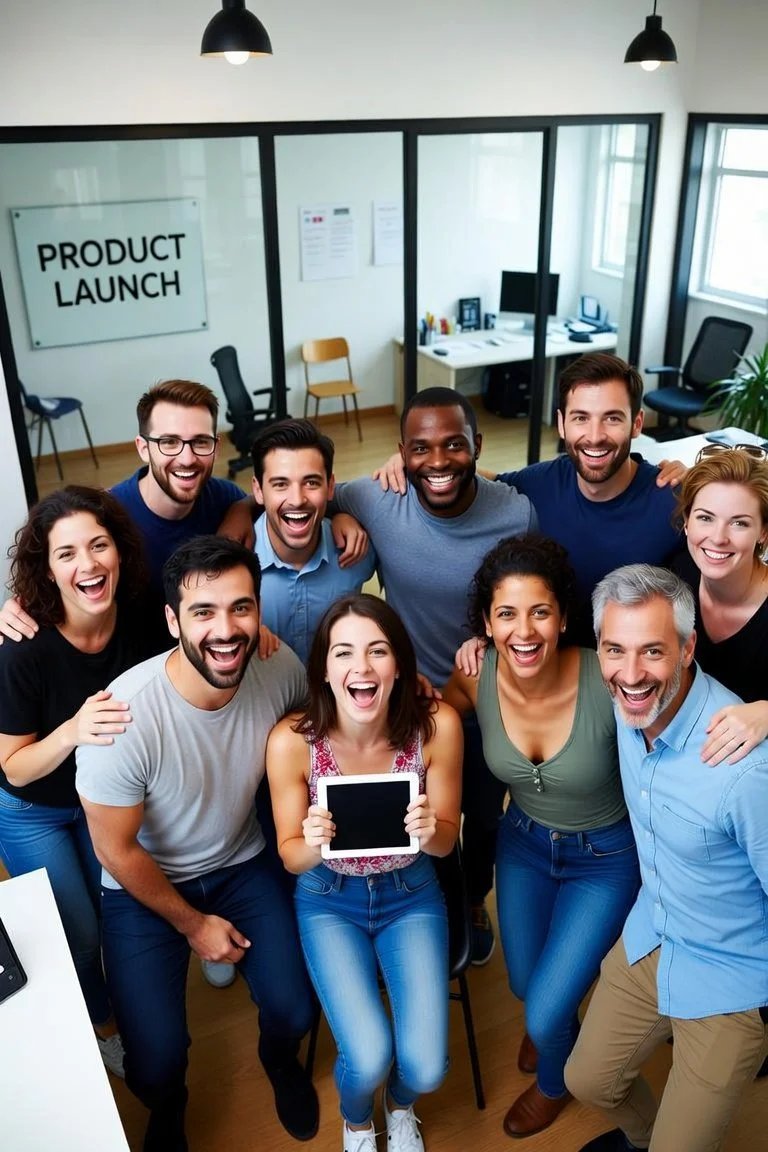 Group of smiling diverse colleagues celebrating a product launch in an office conference room with a sign that says 'PRODUCT LAUNCH' on the glass wall.