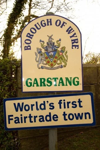 A sign for the borough of Wyre, Garstang, stating it is the world's first Fairtrade town.
