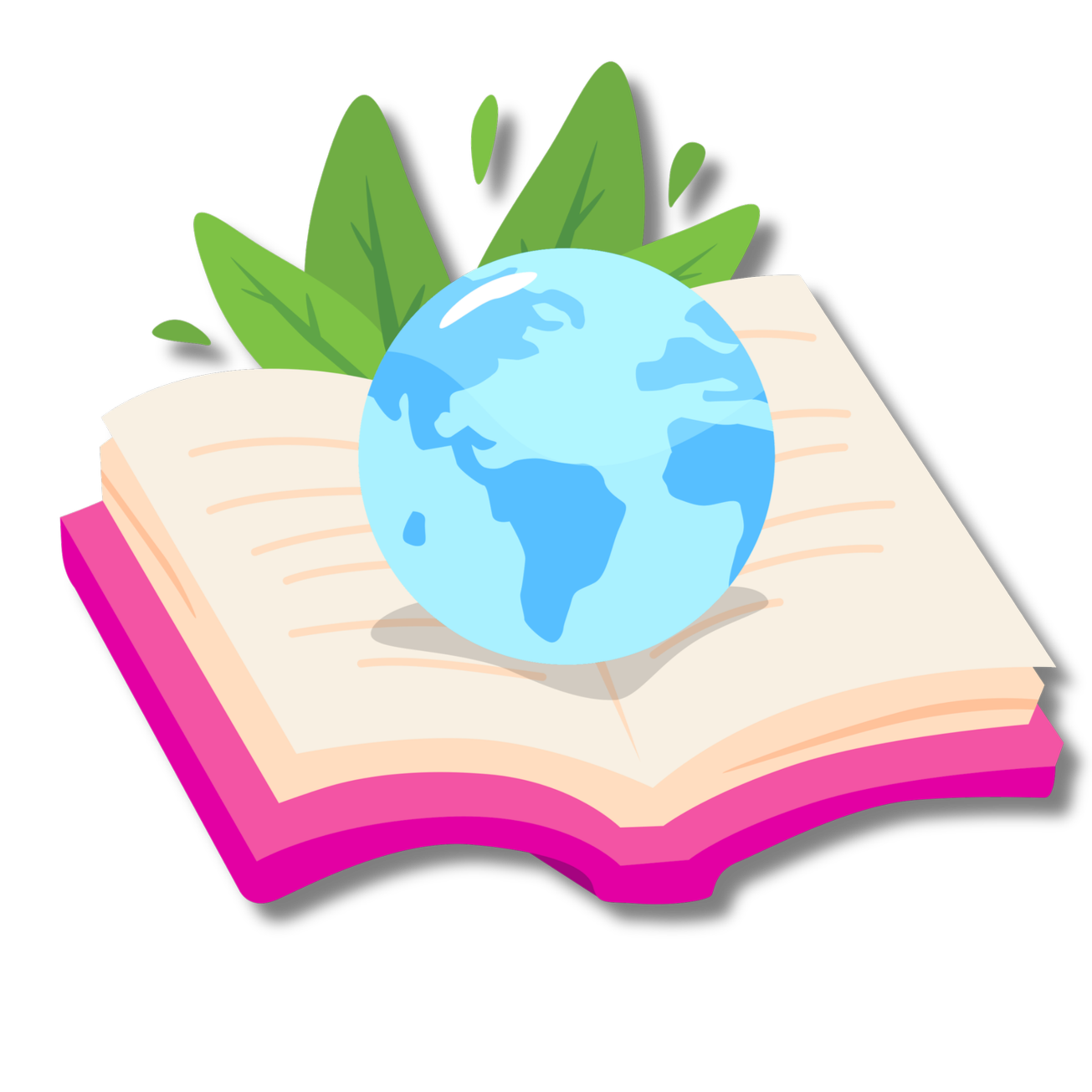 An open book with a pink cover features a globe with green leaves on top, symbolizing environmental education.