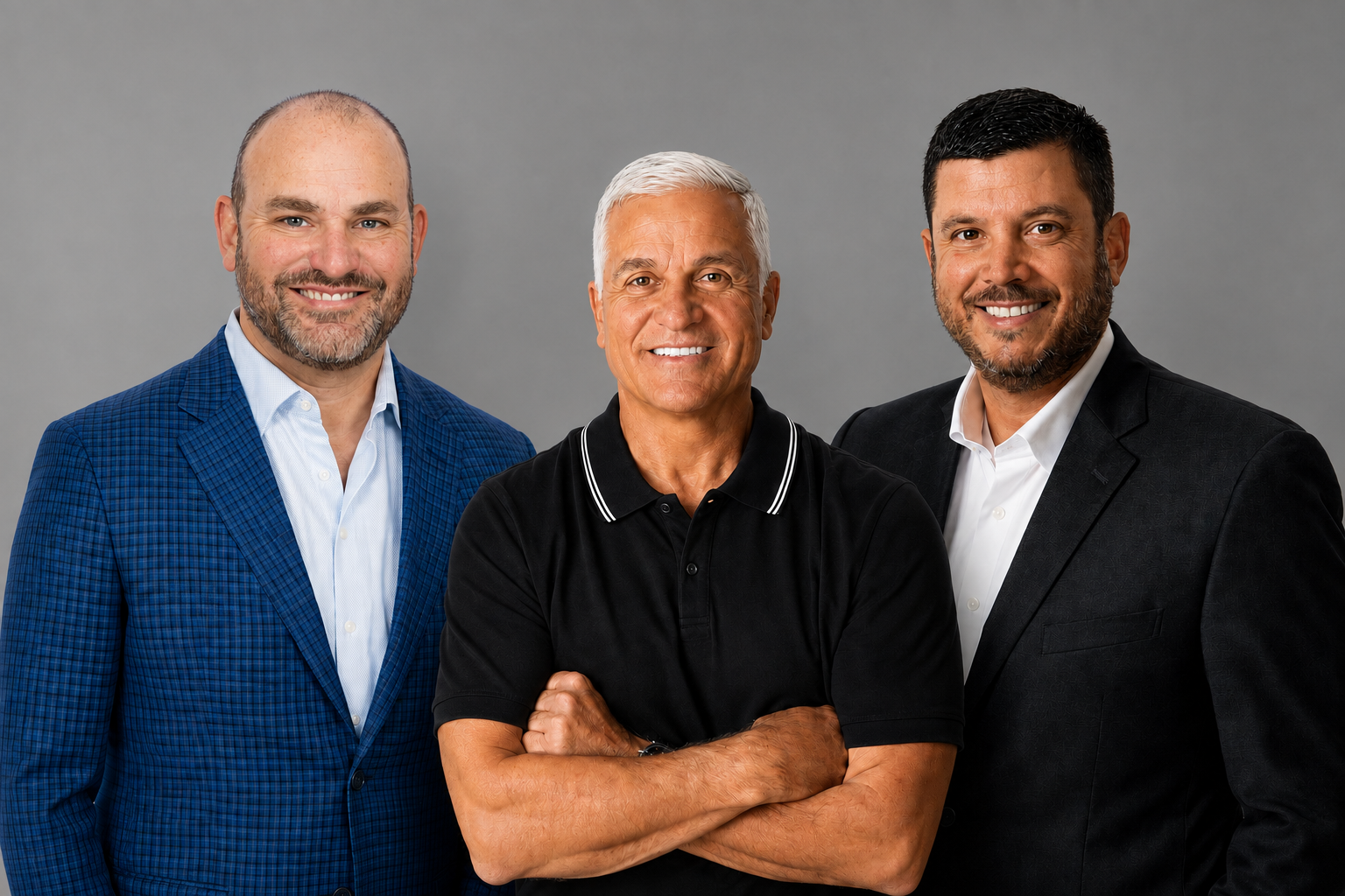 Andy Roeder, Bill Fenech, Matt Zimmerman smiling for a photo against a gray background. The man in the middle has gray hair and is wearing a black polo shirt, while the men on either side are in suits.