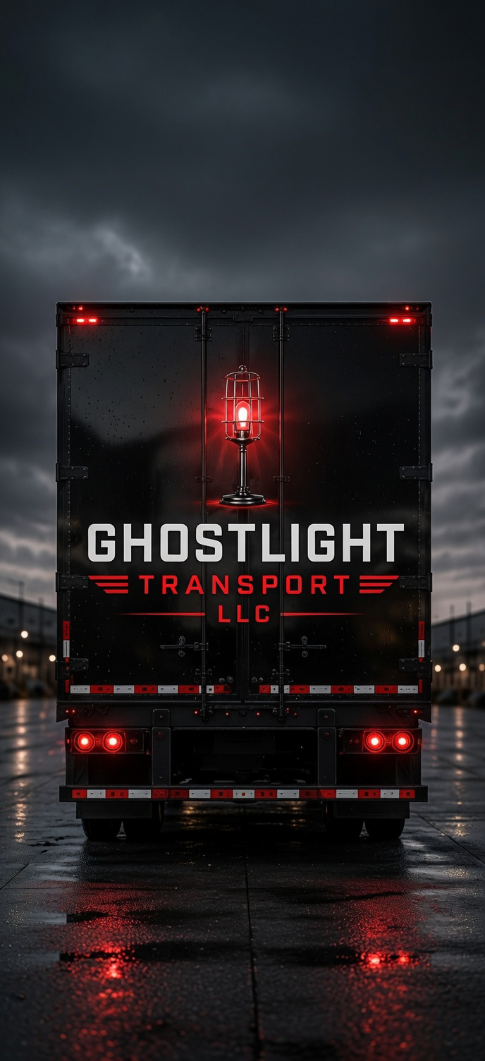 A black delivery truck with the company name Ghostlight Transport LLC and a red lantern logo on the back. The truck is parked on a wet surface under a dark, cloudy sky, with reflections of red and white lights on the ground.