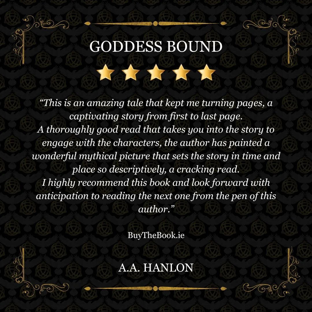 Book review page with a black background and gold decorative borders, featuring the title 'GODDESS BOUND' and a five-star rating. Contains a glowing gold quote icon with a lengthy positive review, and the author's name, A.A. Hanlon, at the bottom.