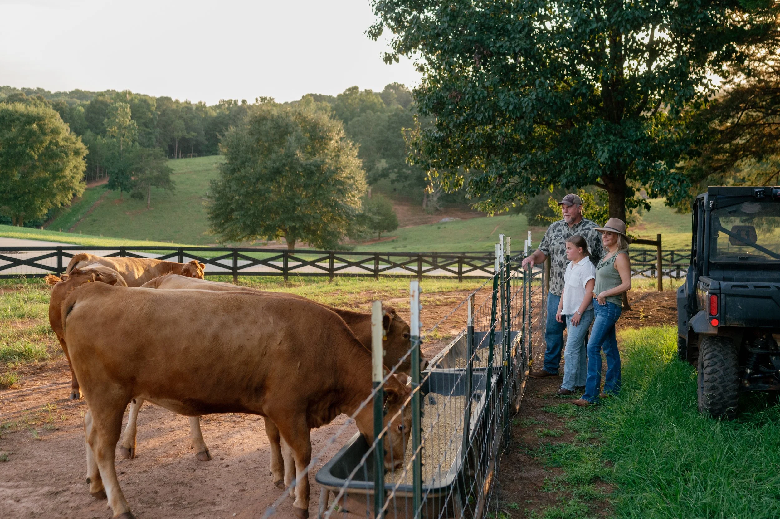 The Hulsey family,  stand near wagyu cows in a fenced pasture, with green trees and rolling hills in the background, during sunset on Bright Meadows Farm in Hall County, GA.