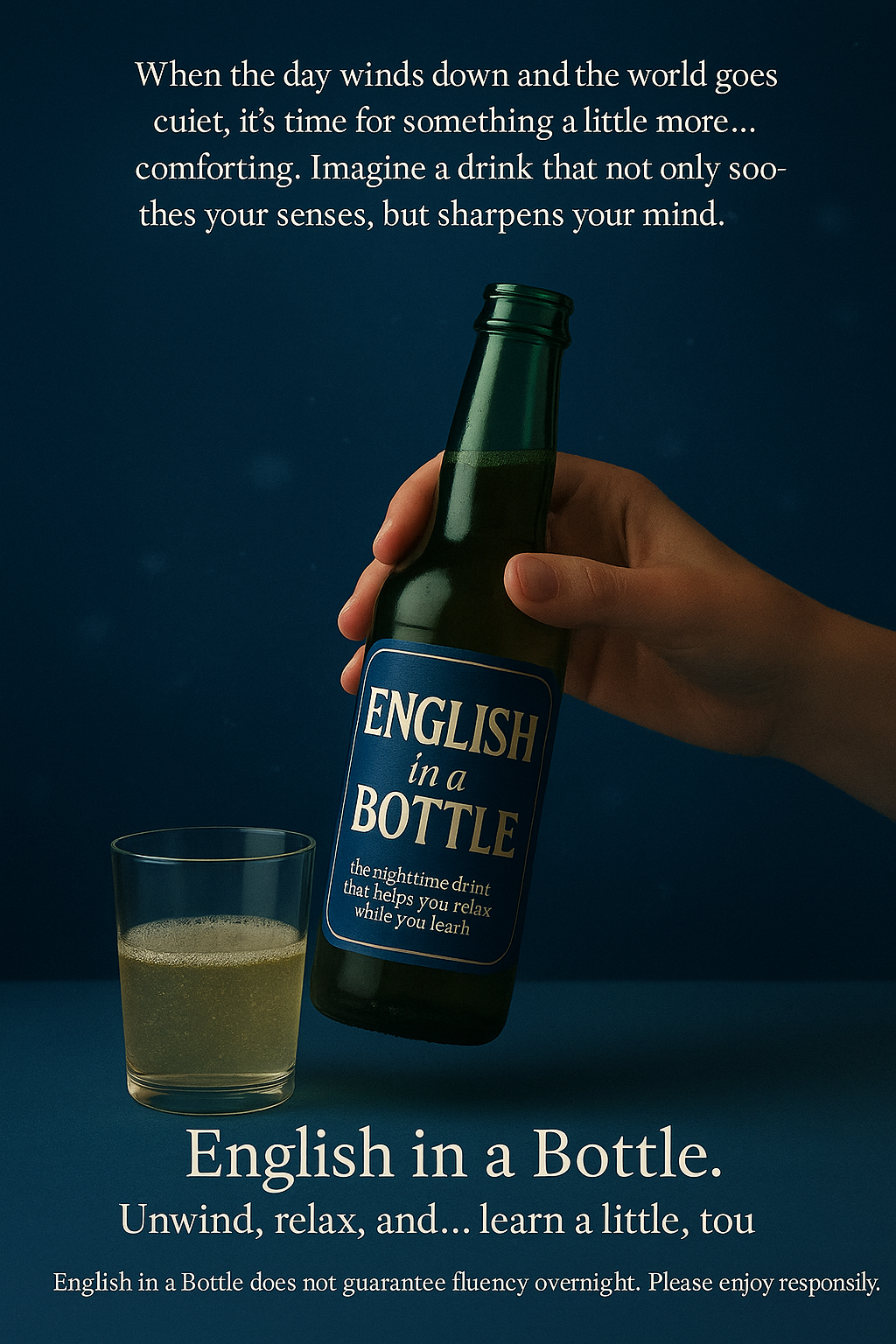 "English in a Bottle" with a shot glass filled with a yellowish drink in front of a dark background. Text at the top describes a comforting night drink, and text at the bottom promotes relaxation and learning with the product.