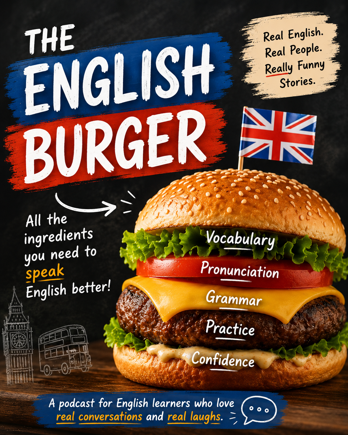 Poster for The English Burger, a featured in one of the shows from 'Silly Conversations' an alternative podcast for English learners. Light on pronunciation, grammar, practice, and no drills. Just fun