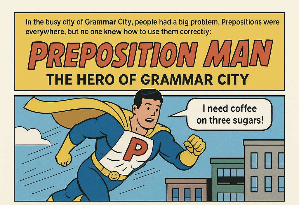 A comic book cover featuring a superhero called Preposition Man, hero of Grammar City, flying over buildings and saying "I need coffee on three sugars!"