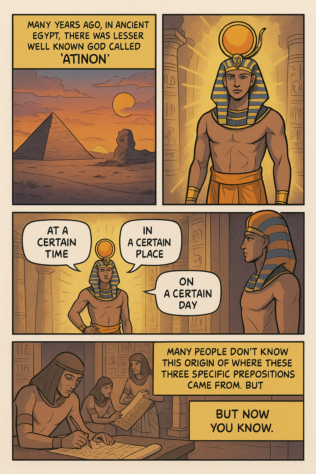 A comic strip depicting ancient Egypt with a pyramid and sphinx at sunset, a portrait of the god Aten with a sun disk and cobra, a man with a crown resembling the sun, and scholars studying hieroglyphs. The narration explains the origins of prepositions like 'at,' 'in,' and 'on' and their historical context.