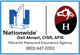 Nationwide insurance logo with a blue eagle symbol and black text, and an Albright Harwood Insurance Agency business card with a magnifying glass and letter H, contact number 903-647-0352.