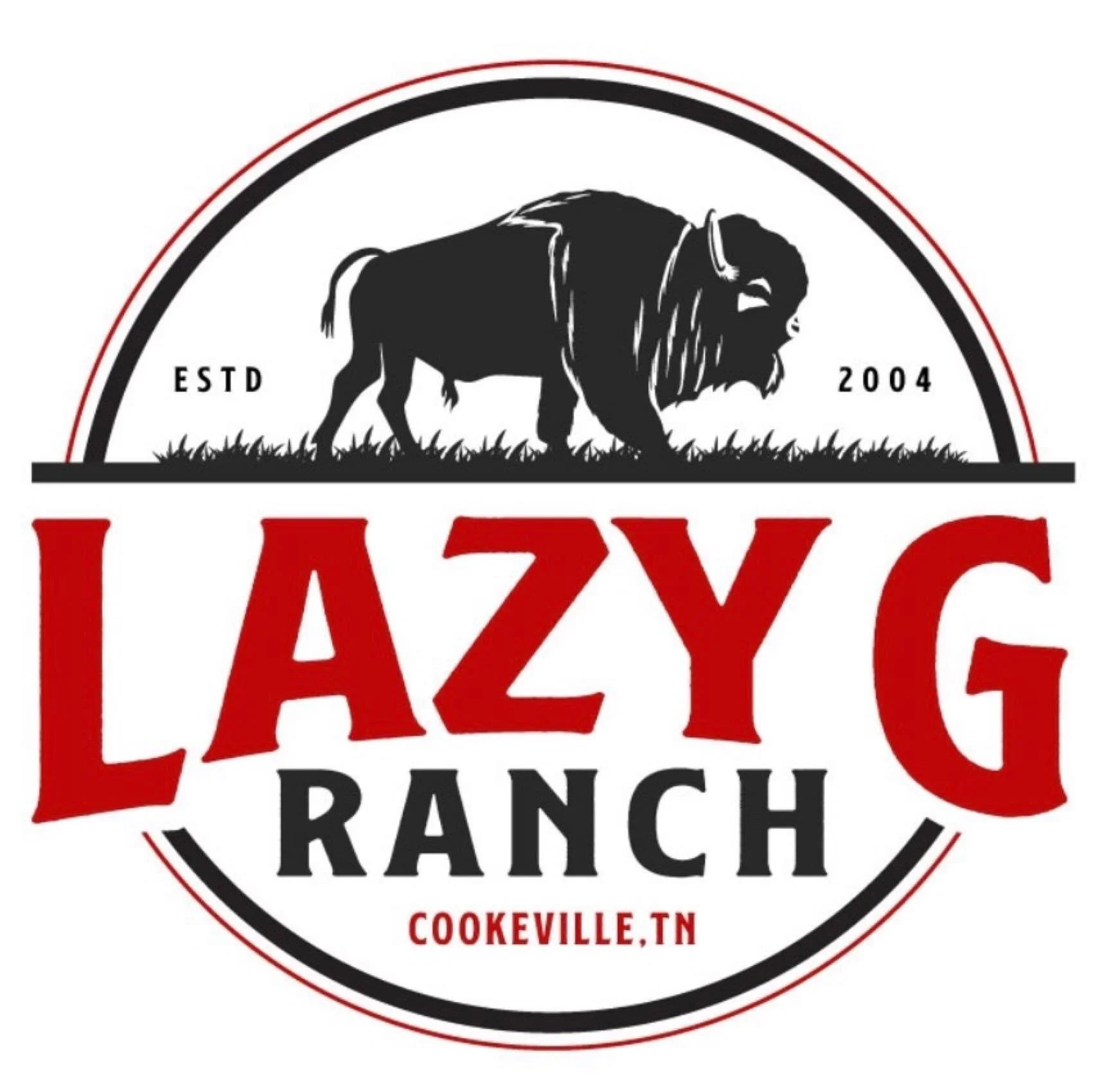 Logo for Lazy G Ranch featuring a black silhouette of a bison with grass, the words 'Lazy G Ranch' in large red and black letters, established in 2004, located in Cookeville, Tennessee.