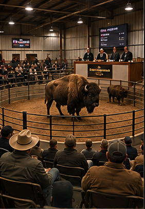 A bison is in an indoor rodeo arena with an audience watching and auctioneers or officials seated at a table.