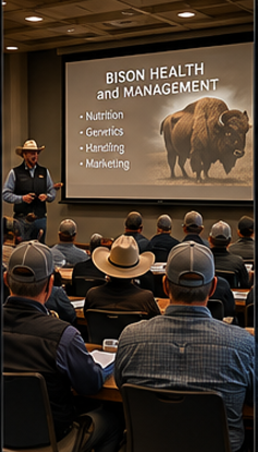 A man giving a presentation on bison health and management to an audience in a conference room. The slide shows a bison and lists nutrition, geratics, handling, and marketing.